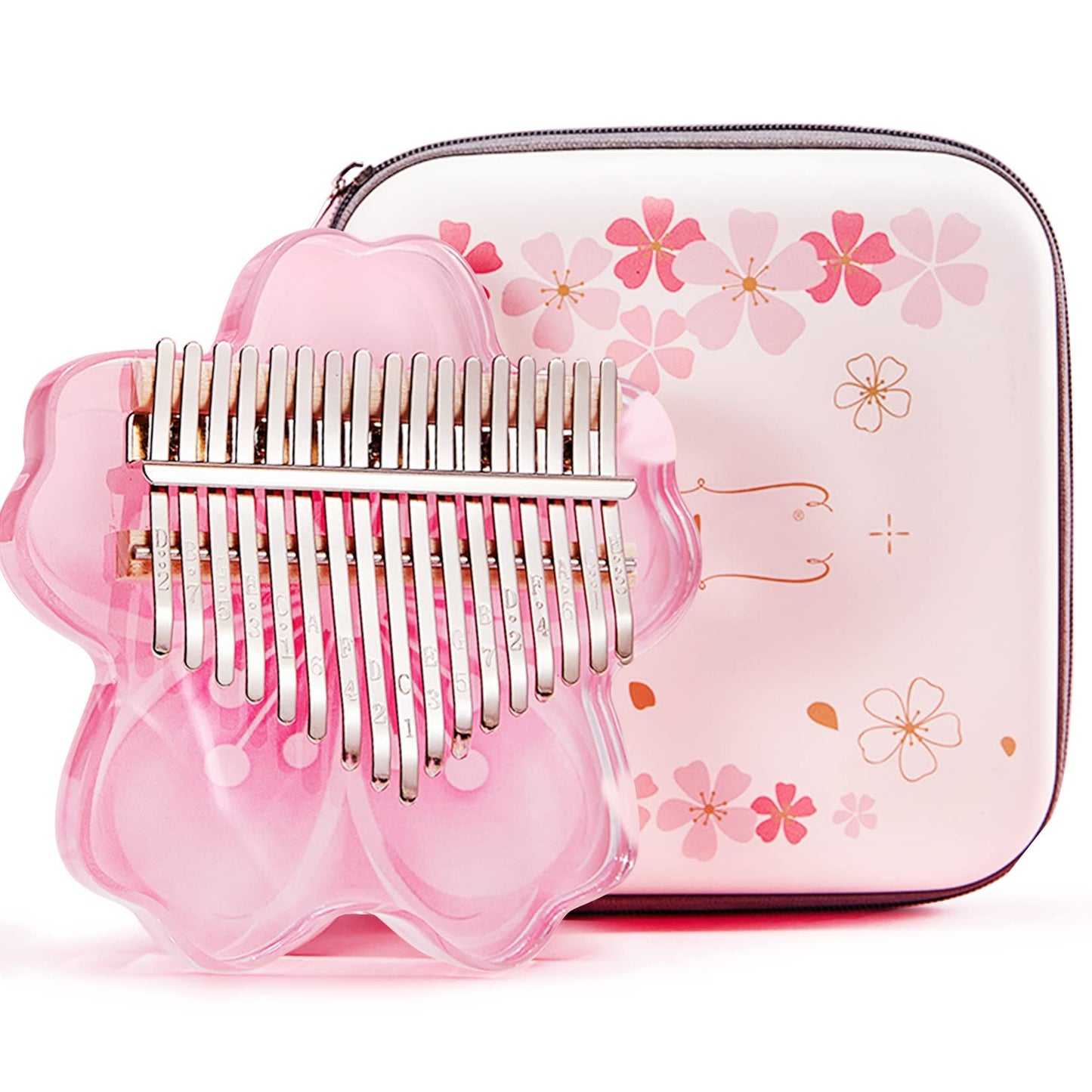 Clear Kalimba Thumb Piano 21 Key with EVA Protective Case Full Kit, Sakura Shape Transparent Crystal Kalimba 17 Key, Professional Musical Instruments for Kid Adult Beginners,Pink 17 Notes