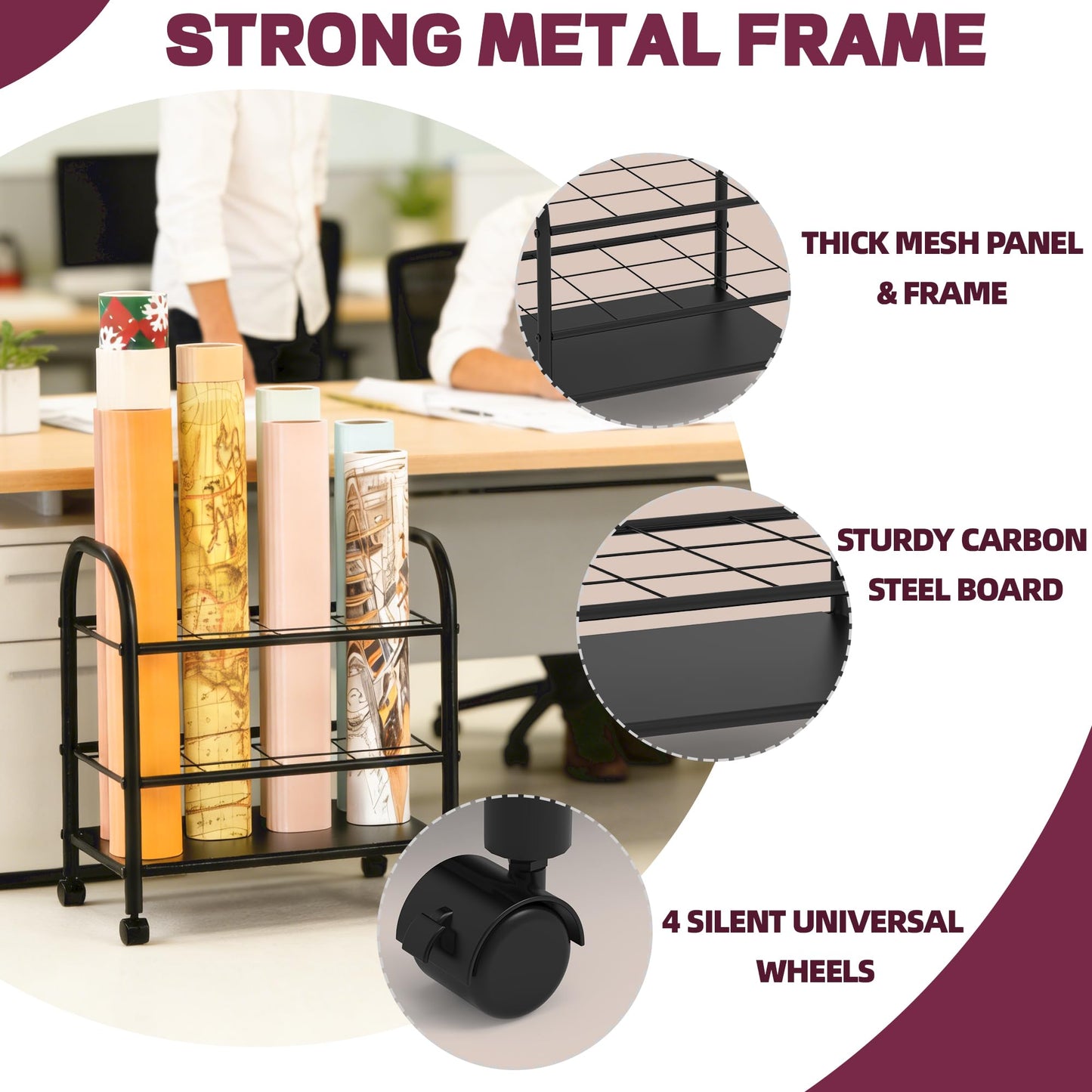 Yutrchey Blueprint Storage Rack with Wheels – 12-Slot Metal Roll File Holder with Silent Casters & Brakes for Blueprints, Wrapping Paper, Posters, Maps – Mobile File Cart for Office & Home (Black)