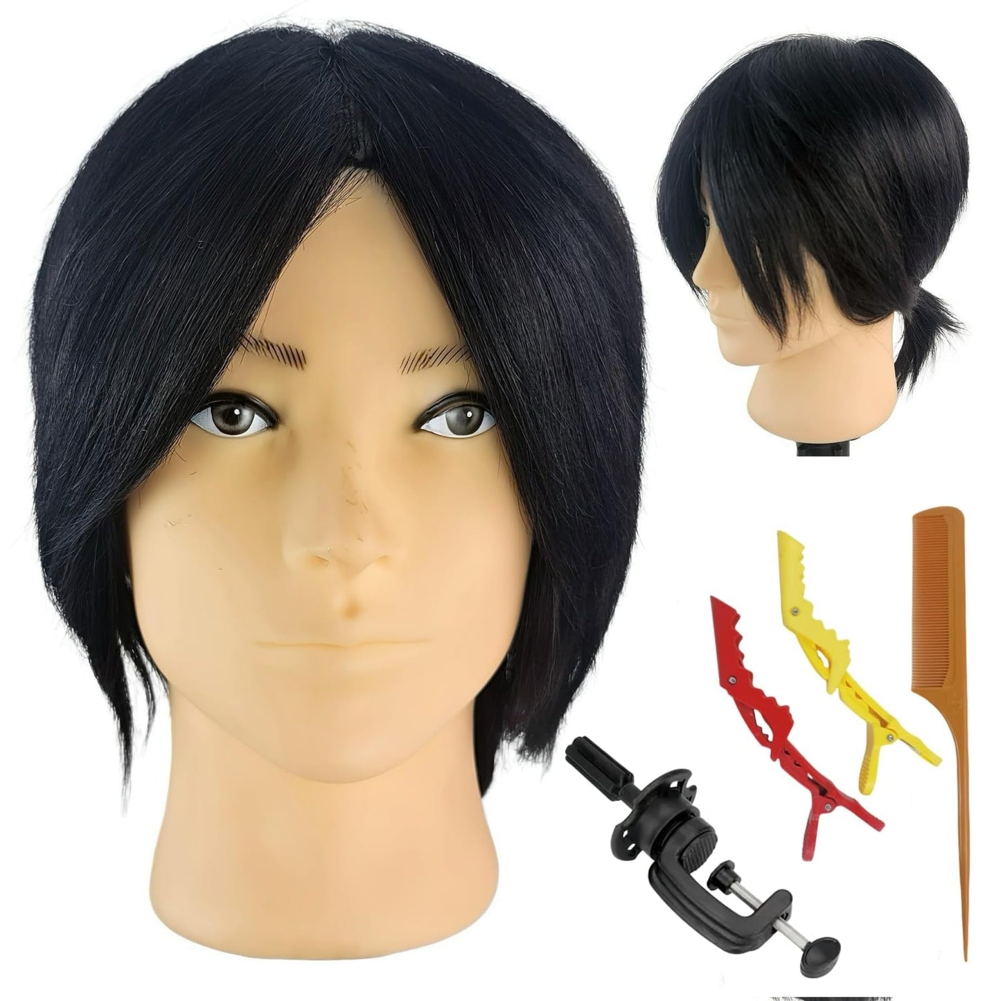 Barber Mannequin Head Male Mannequin Head Human Hair for Styling Black Hair Mannequin Head Practice Kit for Practicing Hair Cutting