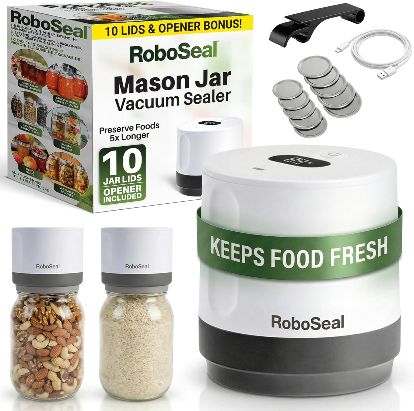 RoboSeal Rechargeable Mason Jar Vacuum Sealer for Mason Jars Wide and Regular, One Touch Vacuum Sealer for Jars, 10 Lids Included, Digital Battery Indicator, As Seen on TV