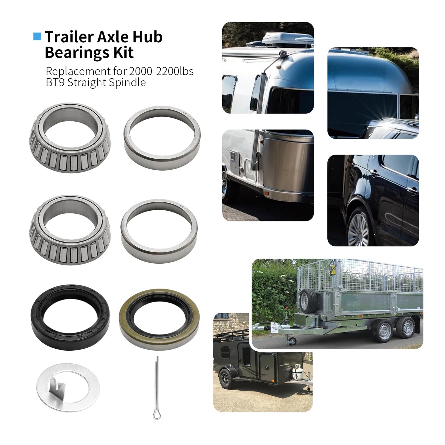 DUZFOREI 4 Sets Trailer Hub Bearing Kits with Dust Caps Grease Seals Spindle Nuts Washers, Replacement for 3500 Lb 1-1/16 to 1-3/8 Inch Trailer Axle Spindle EZ-Lube, Replace L68149 L44649