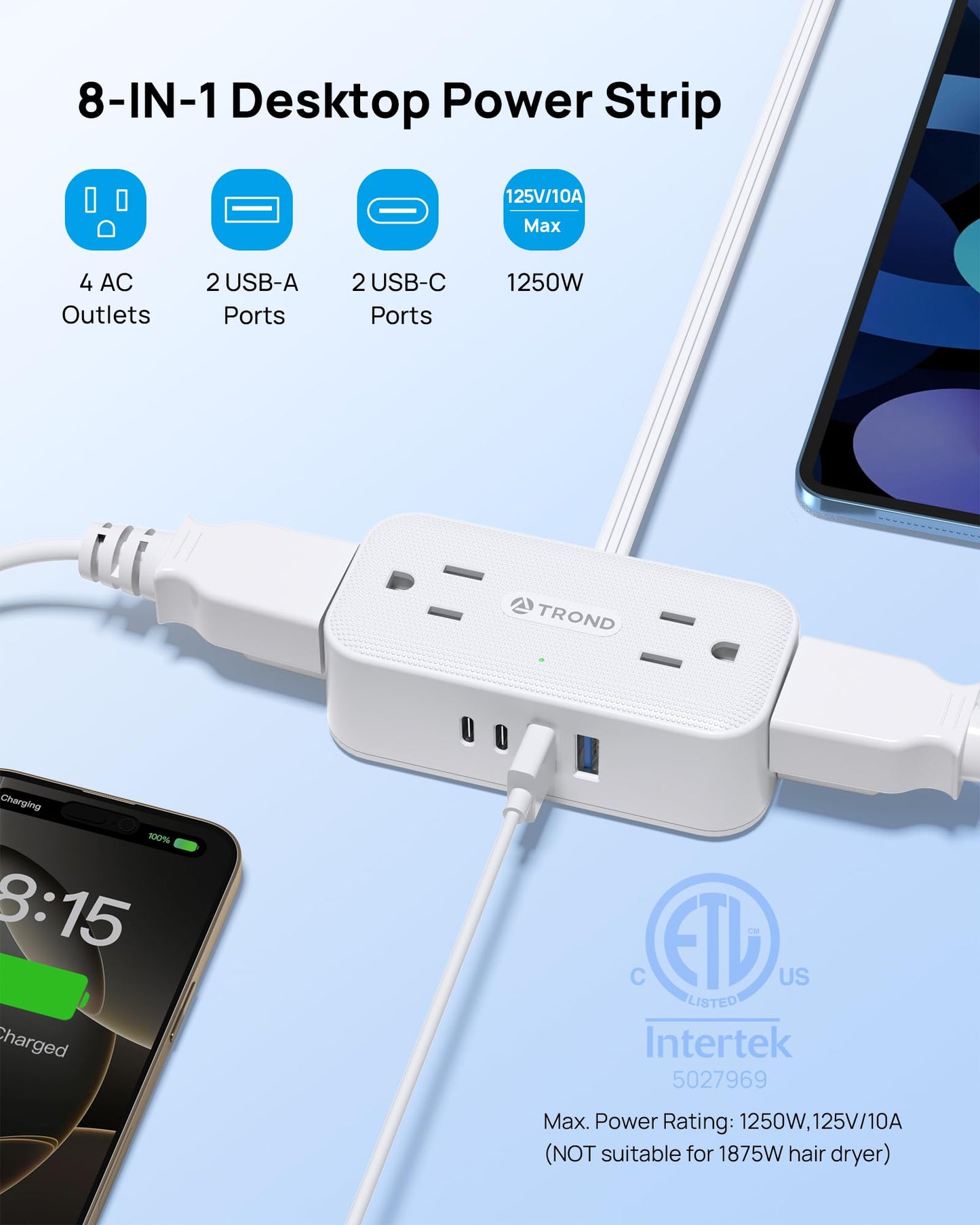 TROND 360° Rotating Flat Plug Power Bar with USB C, 10ft Slim Extension Cord Indoor, 4 Widely Spaced Outlets, 900J Surge Protector, Small Outlet Extender for Home Office Dorm Travel Essentials, White