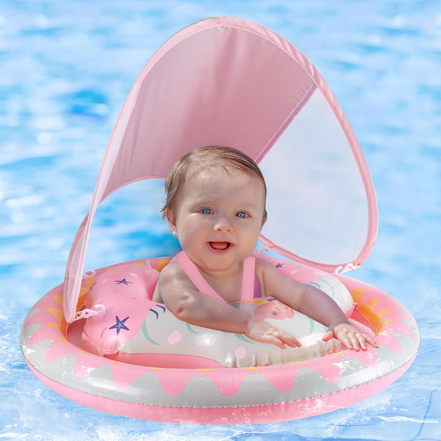 Refasy Baby Swimming Float for 6-36 Months, Inflatable Baby Pool Float with Dual Airbags & UPF50+ Sun Canopy, Adjustable Safety Seat Baby Swimming Ring for 6 9 12 18 24 36 Months Toddlers Gilrs