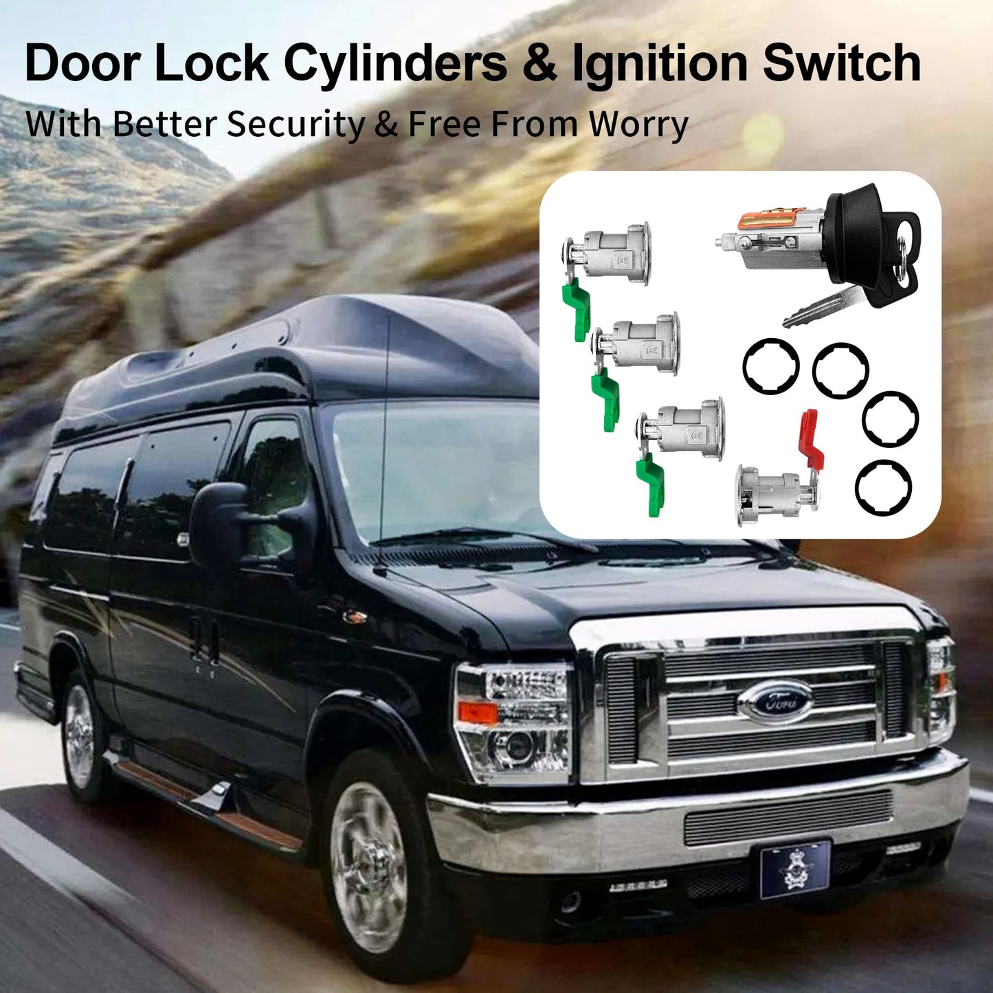 Door Lock Cylinders & Ignition Switch with Keys | Replacement for 1997-2018 Ford Econoline, E-150, E-250 & E-350 Van | Replace#: 703369, 597638, 707624, DL5886