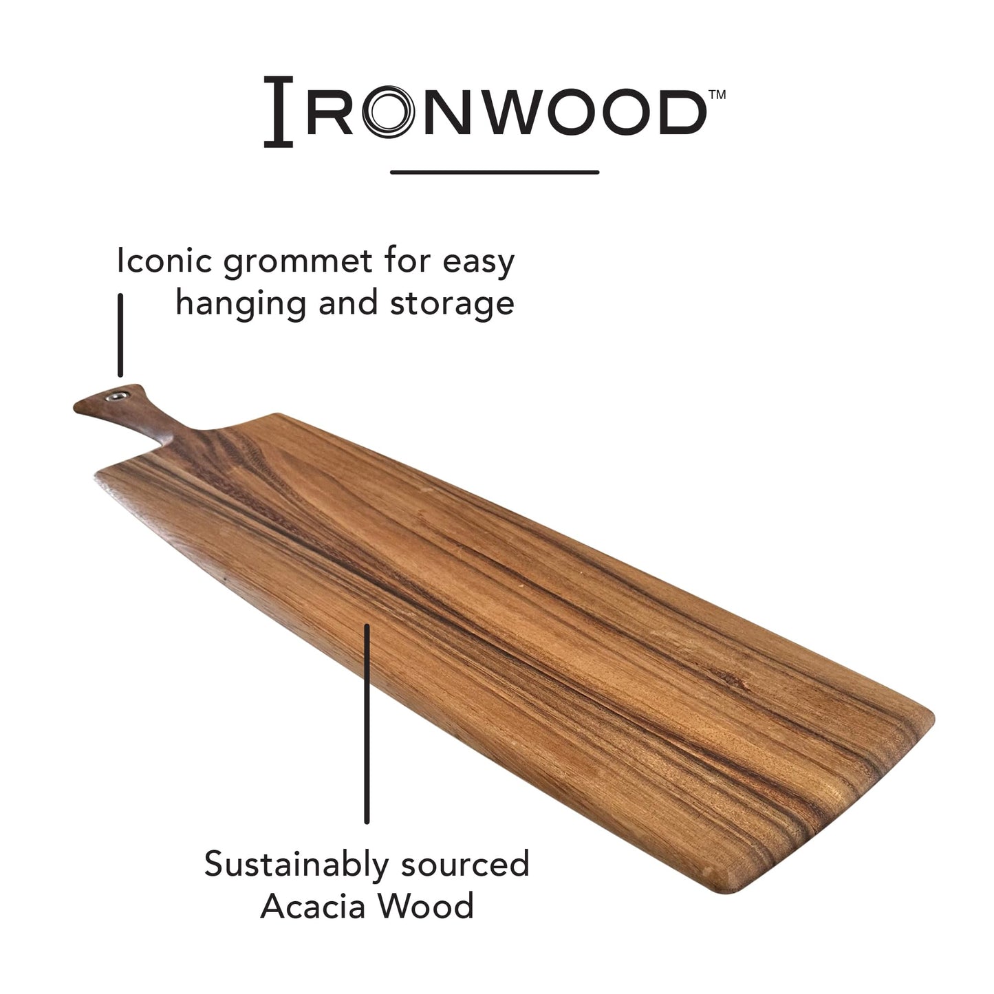 Ironwood Gourmet Acacia Wood Provencale Paddleboard, XL Rectangular Serving Board with Handle