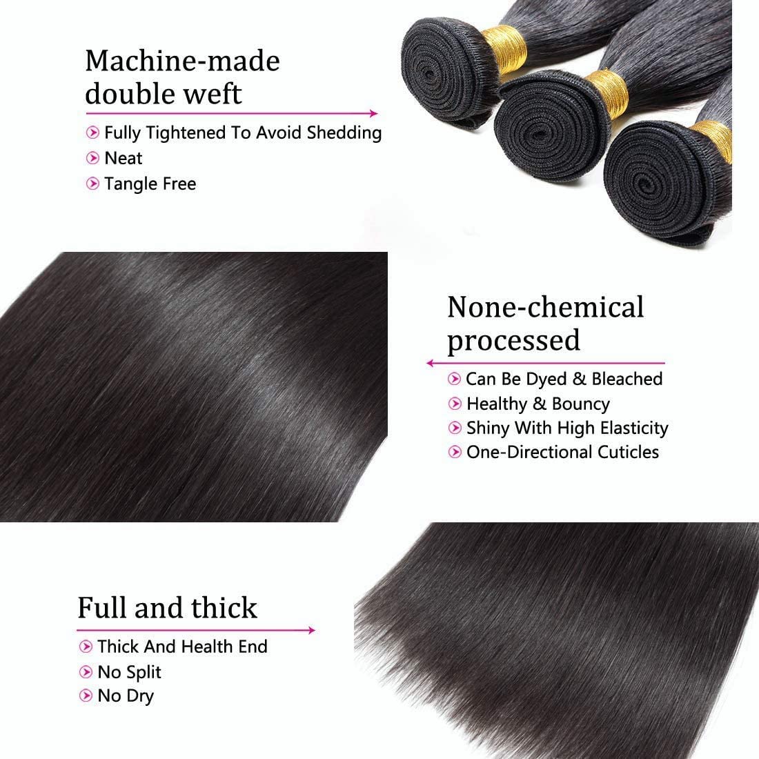 Brazilian Straight Human Hair Bundles (10 12 14 Inch) 100% Unprocessed Remy Virgin Human Hair Extensions for Women 8A Straight Bundles Human Hair Tissage Cheveux Brésilienne Straight Weave Bundles Natural Color