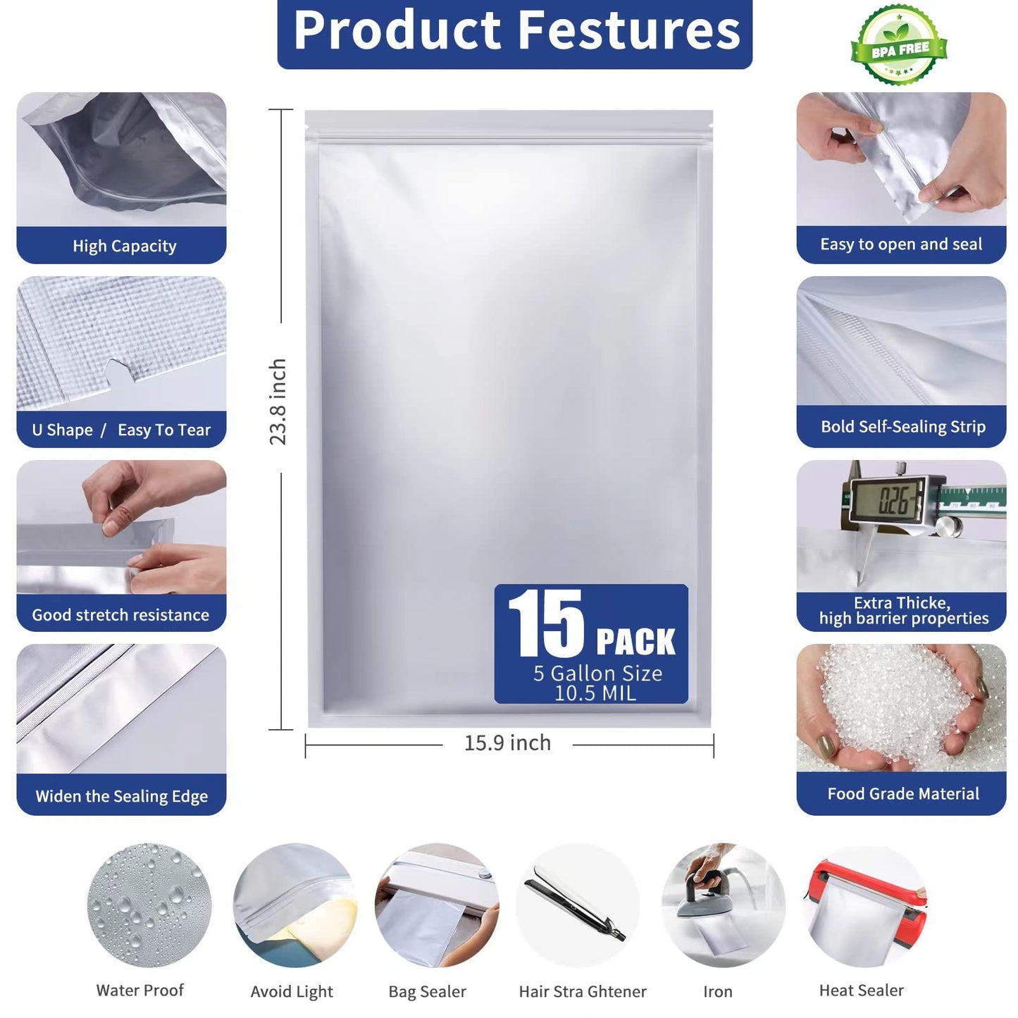 LinsKind 15 Pcs 5 Gallon Mylar Bags with 15 Pcs Individually Wrapped 2500CC Oxygen Absorbers for food storage, Zipper Resealable Heat Sealable Bags,24 Labels & 20 Pcs 1/2 Pint Mylar Bags(4 Colors)