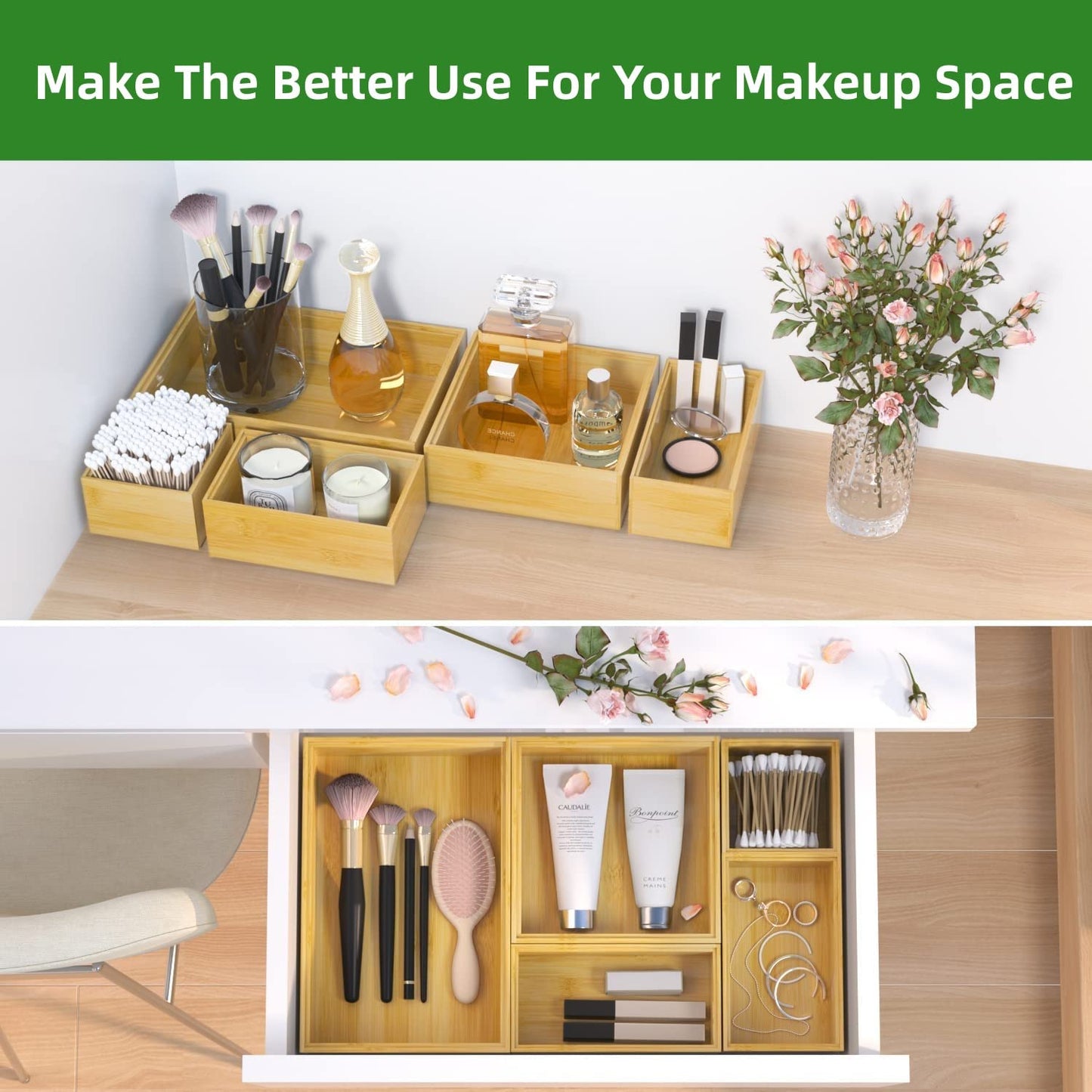 ROLiGHTiC 8 Pcs Bamboo Drawer Organizer Utensil Tray Kitchen Storage Box 4-Size Multi-Use Dividers Cutlery Holders Bins Containers for Kitchen, Bathroom, Office Desk, Makeup, Jewelry, Dresser, Pantry