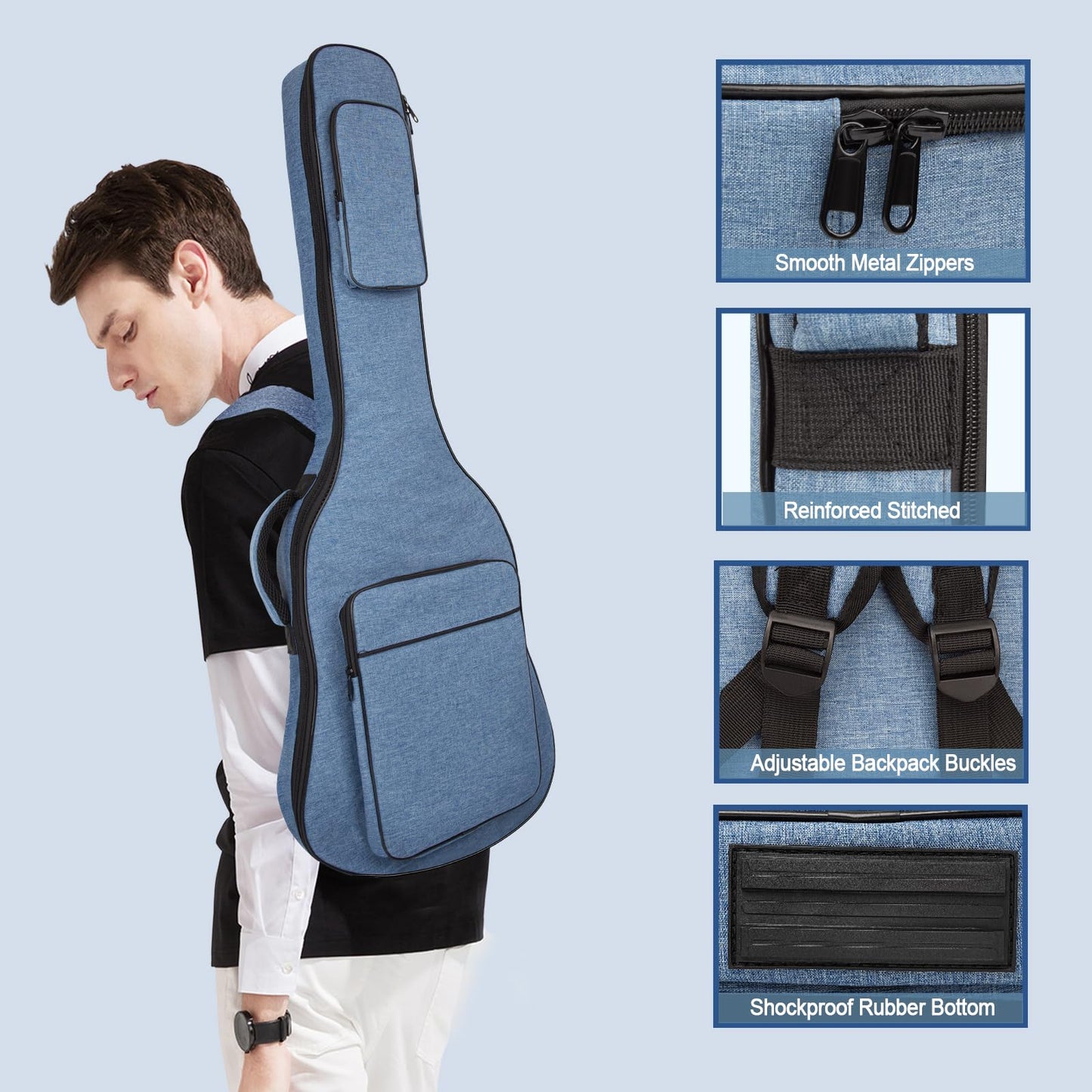 39 Inch Electric Guitar Bag Soft Guitar Case, MUZTOP 11 MM Thick Padded Electric Guitar Gig Bag Waterproof Guitar Backpack with Pockets (Blue-CA)