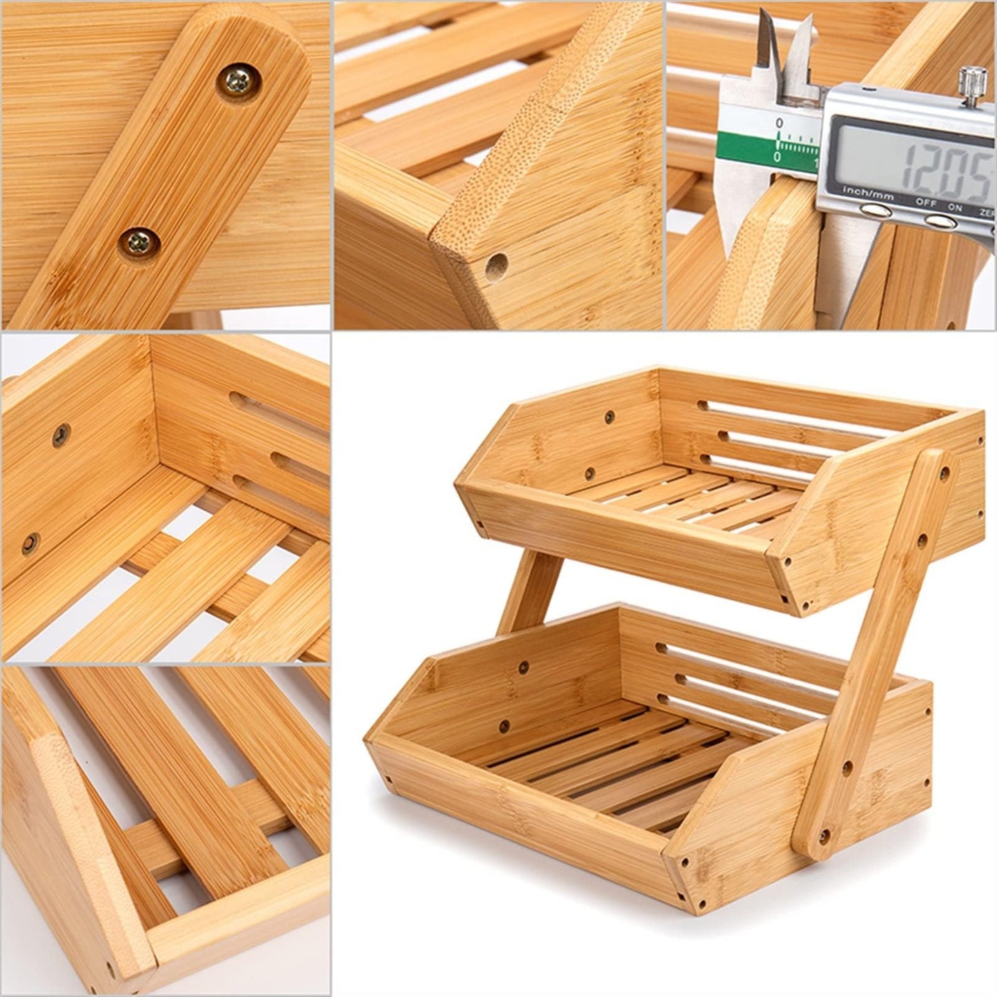 Bamboo Fruit Basket, 2-Tier Storage Stand Holder for Kitchen Countertop, 11" Tall, Large Capacity Organizer for Fruits and Vegetables, Natural