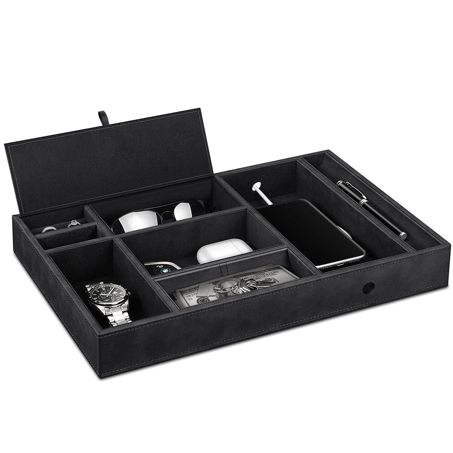 SITHON Desk Organizer - Eight Compartments Universal PU Leather Tray Cosmetic Tray Coin Key Box Jewelry Organizer Black