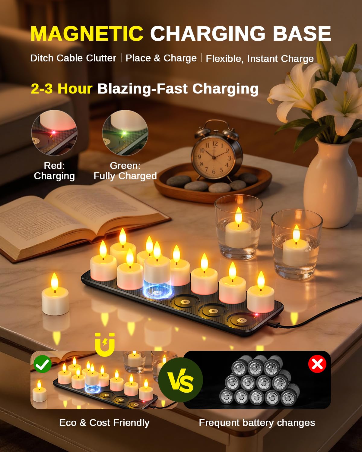 SoulBay Rechargeable Flameless Candles, Magnetic Waterproof LED Tea Lights with Charging Tray, Remote & Timer, 100H Flickering Votive Fake Candles for Bathroom, Holiday & Xmas Decor
