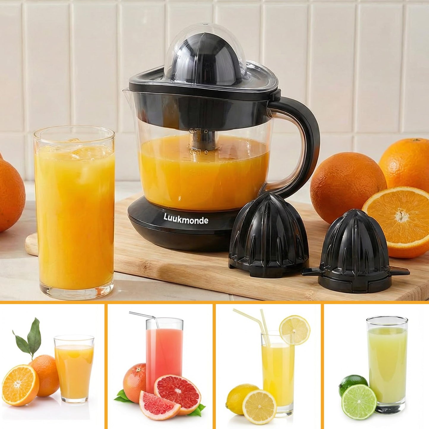LUUKMONDE Electric Citrus Juicer, Electric Orange Juicer with 2 Reamers for Lemon & Grapefruit, Max Nutrients by Pressure Activated Juicer Machine, Electric Lemon Juicer, Black