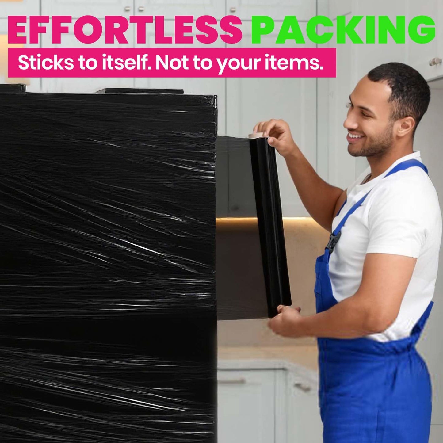 ADHES Black Stretch Wrap Film Roll 15 Inch x 1000 Feet 60 Gauge Heavy Duty Shrink Wrap, Industrial Strength Plastic Wrap for Pallet Wrapping, Shipping, Moving and Packing