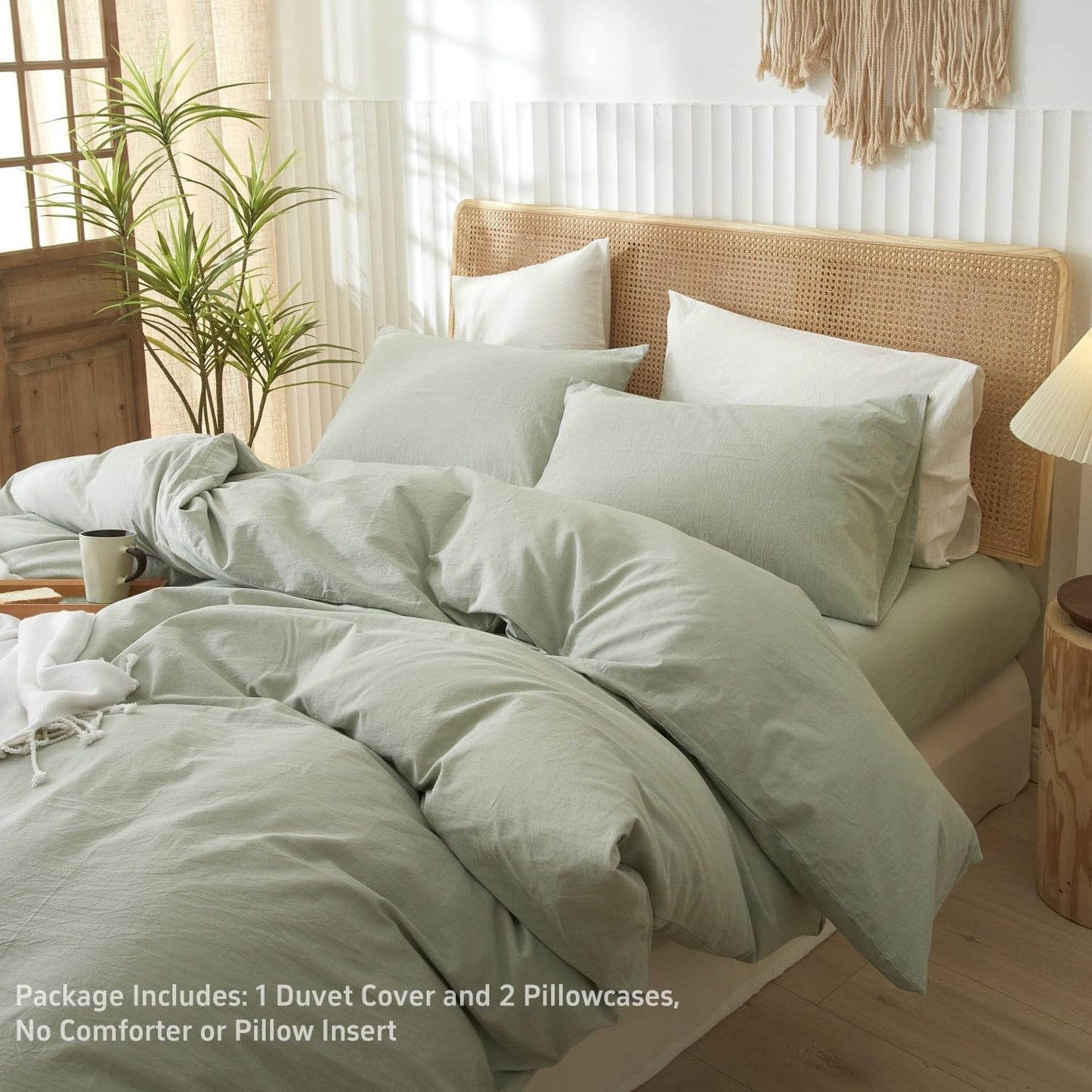 LIFETOWN 100% Washed Cotton Duvet Cover Set Linen Feel Natural Wrinkle Lightweight Comfy (Twin, Sage Green)