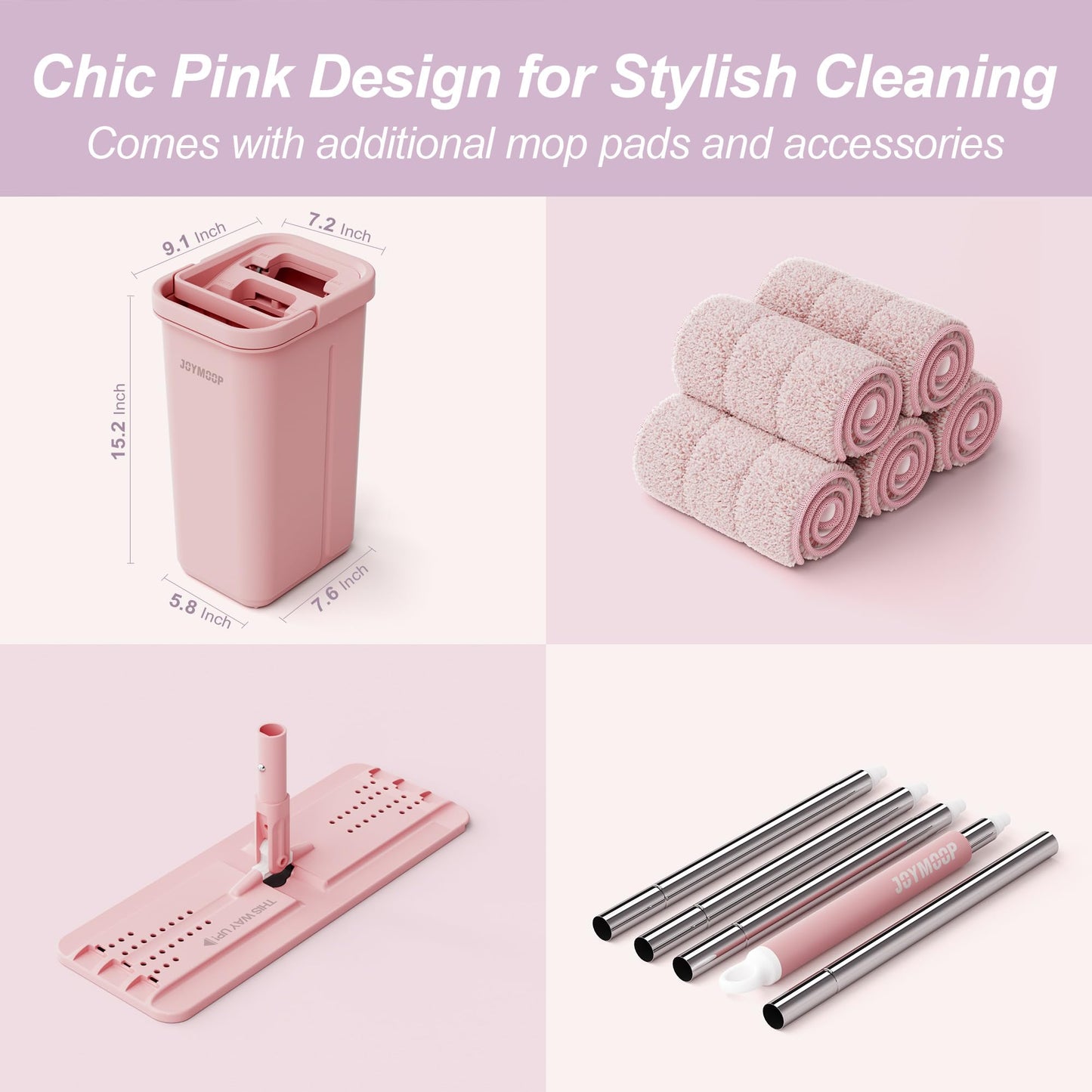 JOYMOOP Mop and Bucket with Wringer Set, Hands Free Flat Floor Mop and Bucket, 60" Mop with 5 Reusable Microfiber Pads, Wet and Dry Use, Floor Cleaning System - Pink