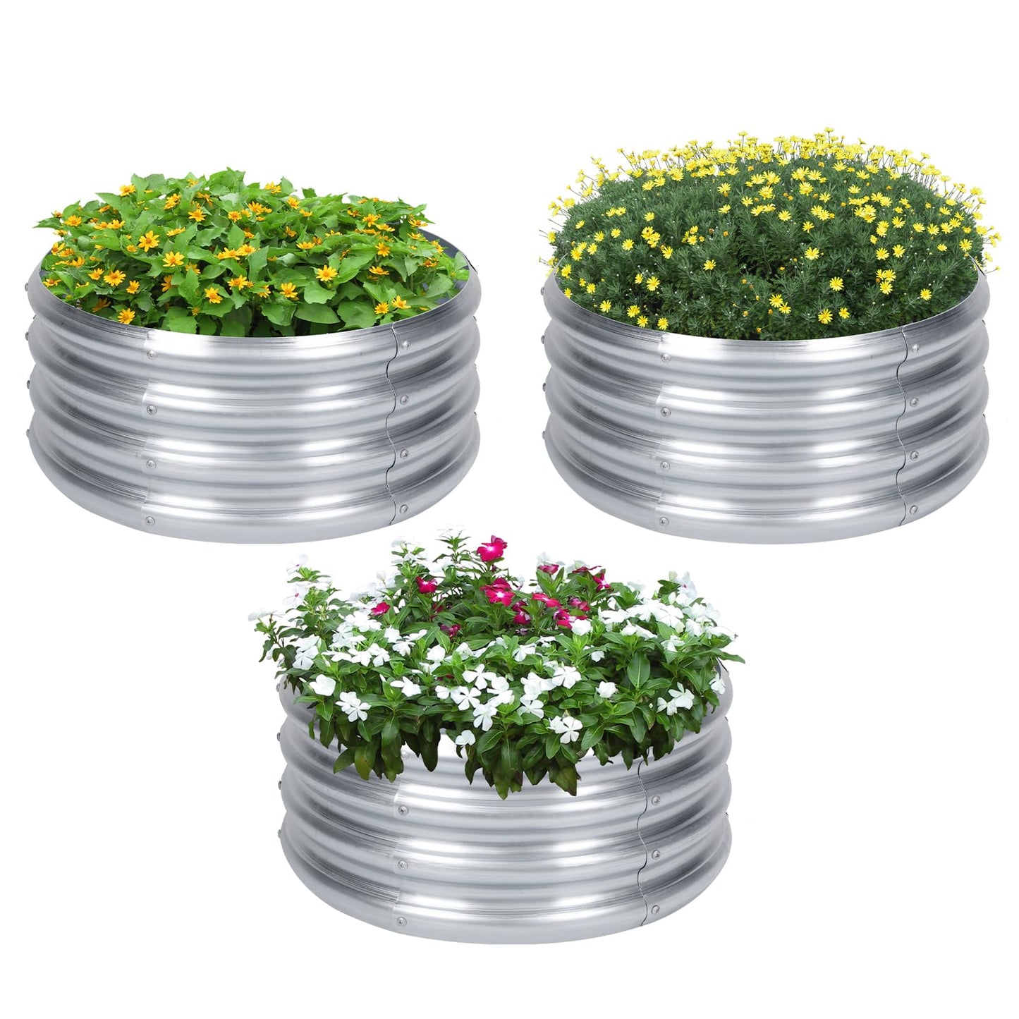 PINPON 3-Pack Galvanized Fire Pit Ring 2x2x1 ft, Round Heavy-Duty Metal Fire Ring for Outdoor Wood Burning, Rust-Resistant, Also Use as Raised Garden Bed for Vegetables Flowers