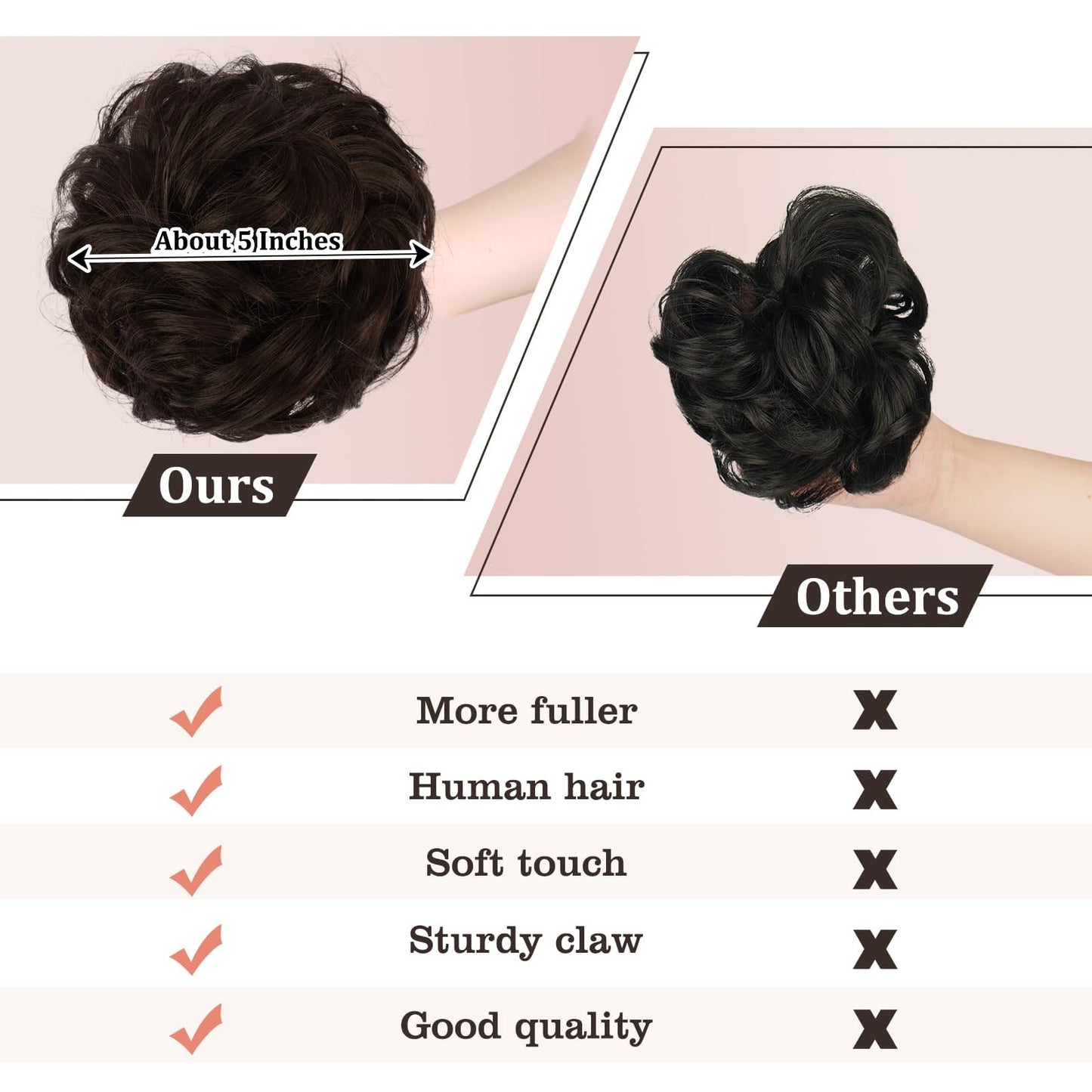 Claw Clip Messy Bun Hair Piece 100% Real Human Hair Buns Wavy Curly Chignon Hair Bun Extensions Tousled Updo Hair Buns Claw Clip Ponytail Hairpieces Hair Scrunchie (Dark Brown with 15% Dark Cocoa Blonde)