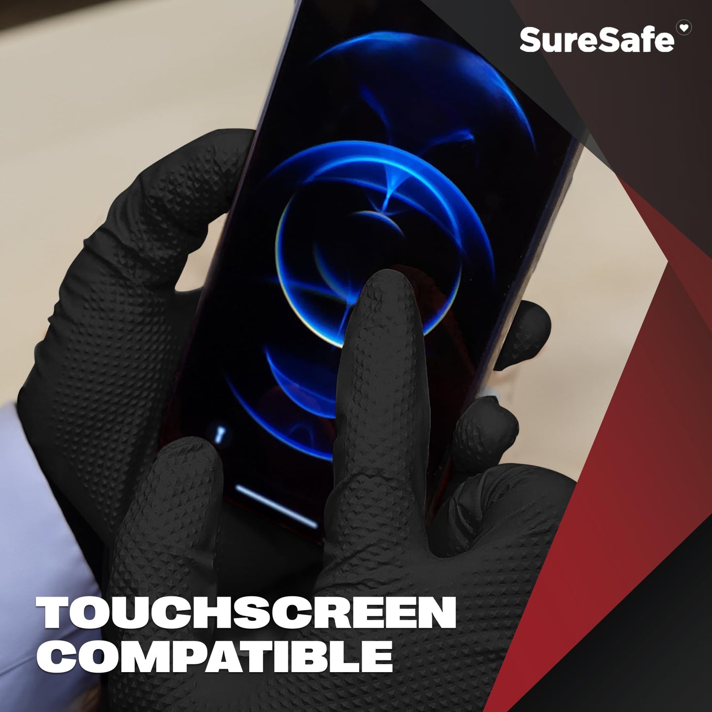 [200 Pack] SURESAFE 8 Mil Nitrile Gloves XXL, Black Disposable Gloves, Powder & Latex Free, Diamond Grip, Fully Textured & Ribbed, For Work, Mechanics, BBQ, Butcher, Plumbing, Food Prep