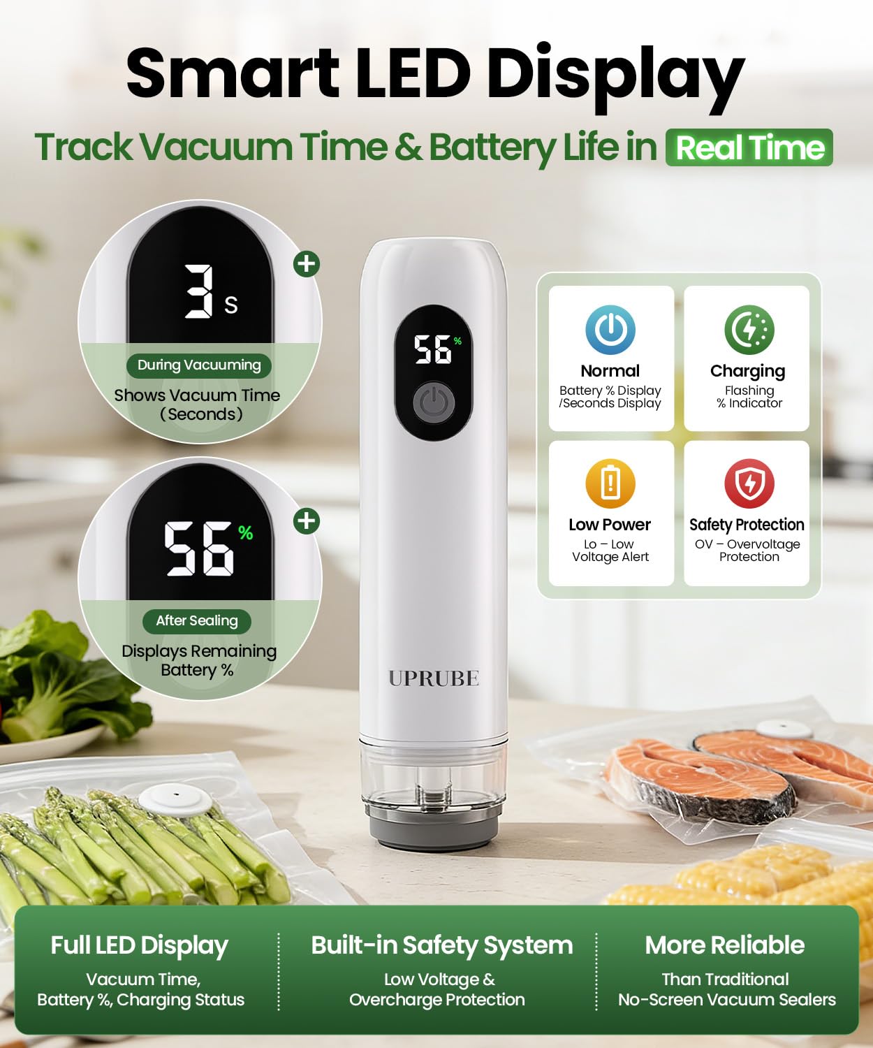 UPRUBE Compact Vacuum Sealer for Food (Vacuum Sealer Machine + 30 Reusable Vacuum Bags), Powerful Handheld Food Vacuum Sealer Machine with LED Display & Liquid Drainage Tube, Portable Food Sealer