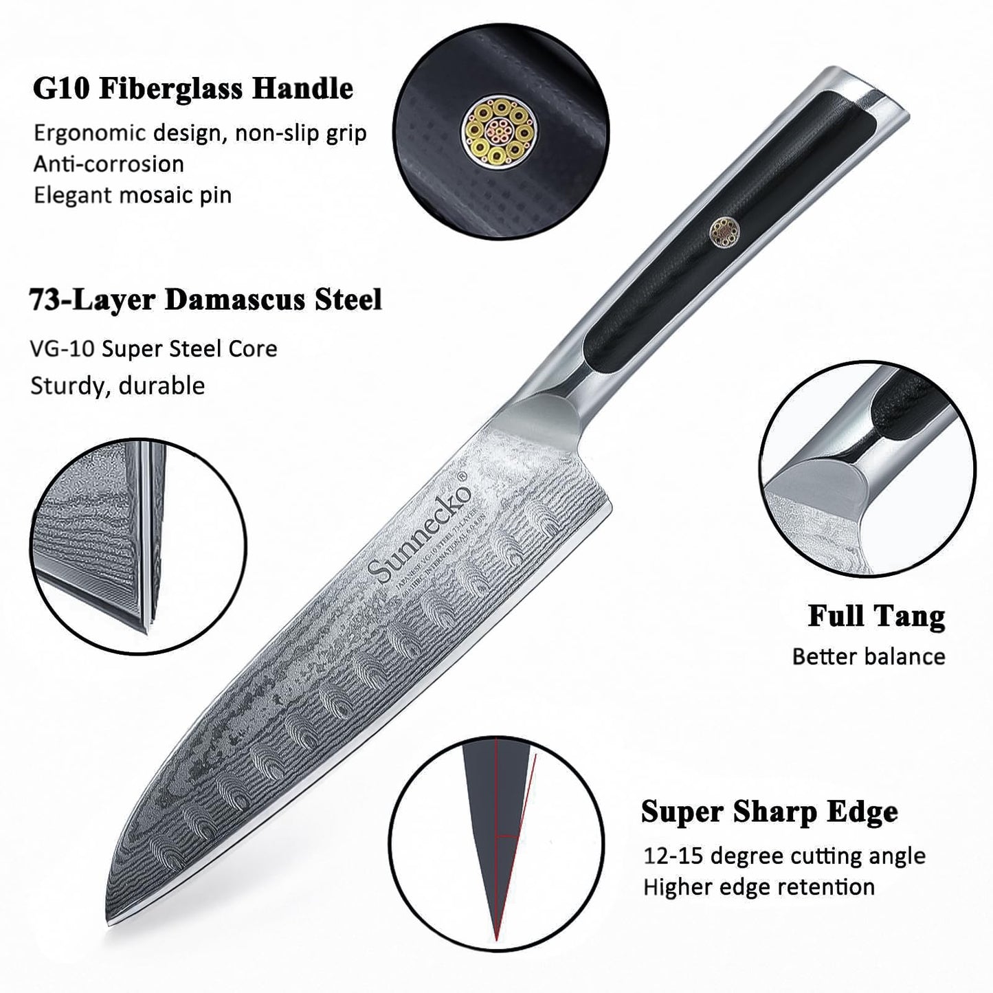 Sunnecko 7-Inch Santoku Knife with VG-10 Core, 72-Layer Damascus Steel Chef Knife, 15° Precision Edge, Full Tang Kitchen Knife with G10 Handle