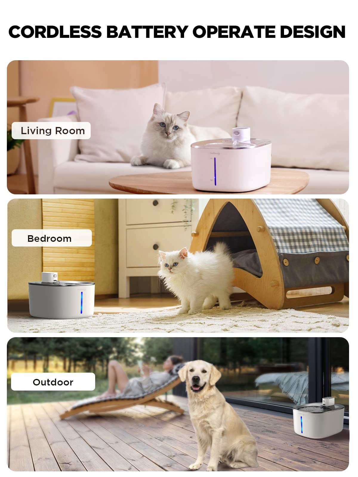 Wireless Cat Water Fountain Battery Operated, FEELNEEDY 4L/135 fl oz Pet Water Fountain for Cats and Dog with Motion Sensor, Wireless Ultra Quiet Cat Drinking Fountain with 6 Filters White YPD-C004