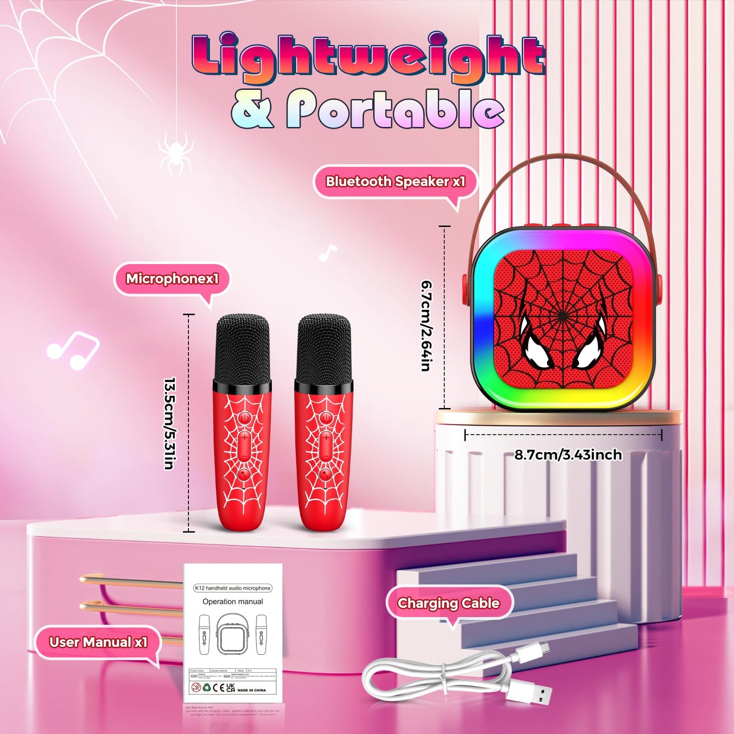 Spider Mini Karaoke Machine Kids, vicia Toys for 3 4 5 6 7 8 Year Old Boys Bluetooth Speaker with 2 Karaoke Microphone Christmas Birthday Gifts for 3-5 6-8 8-12 Year Old Boys Girls Adult