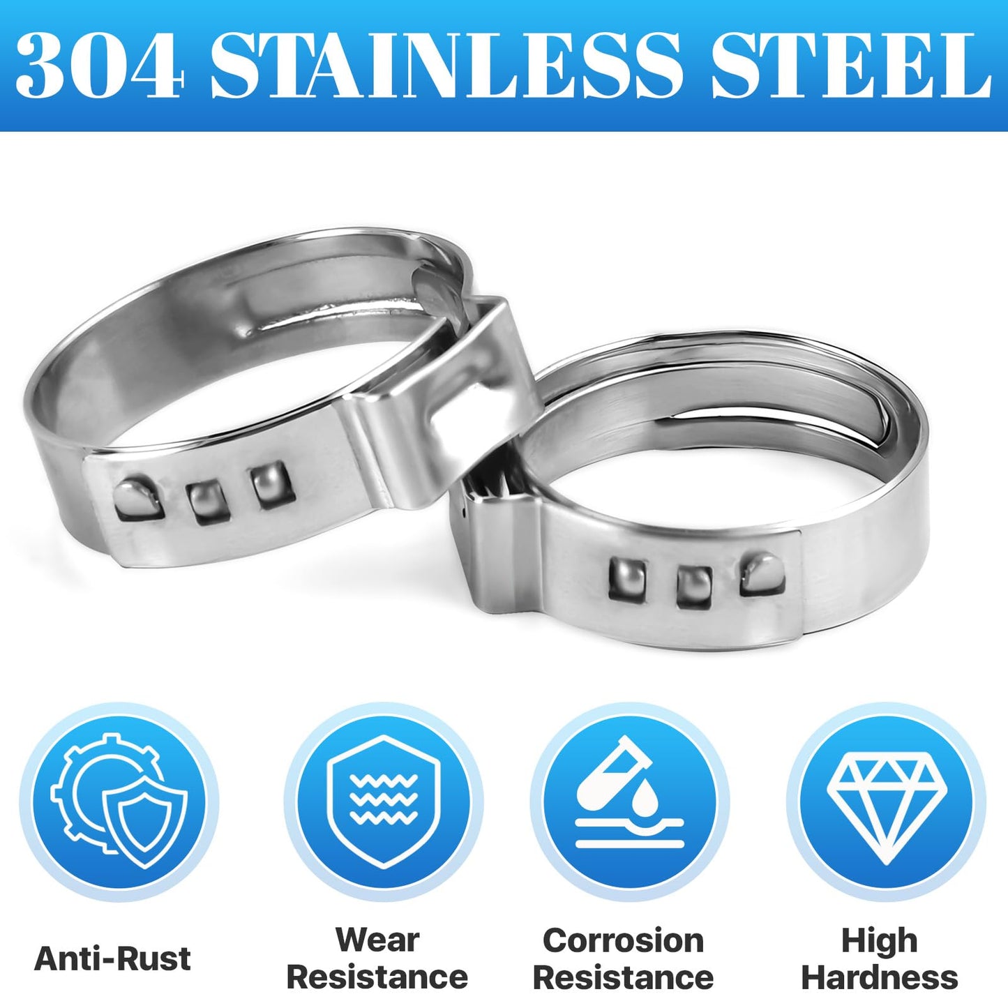 Supkiir 200 Pcs Single Ear Hose Clamps 5.8-28.6mm, 304 Stainless Steel Stepless Hose Clamp Clips, Pincer Cinch Rings Pex Crimp Rings Assortment Kit for Water Pipe, Plumbing, Automotive