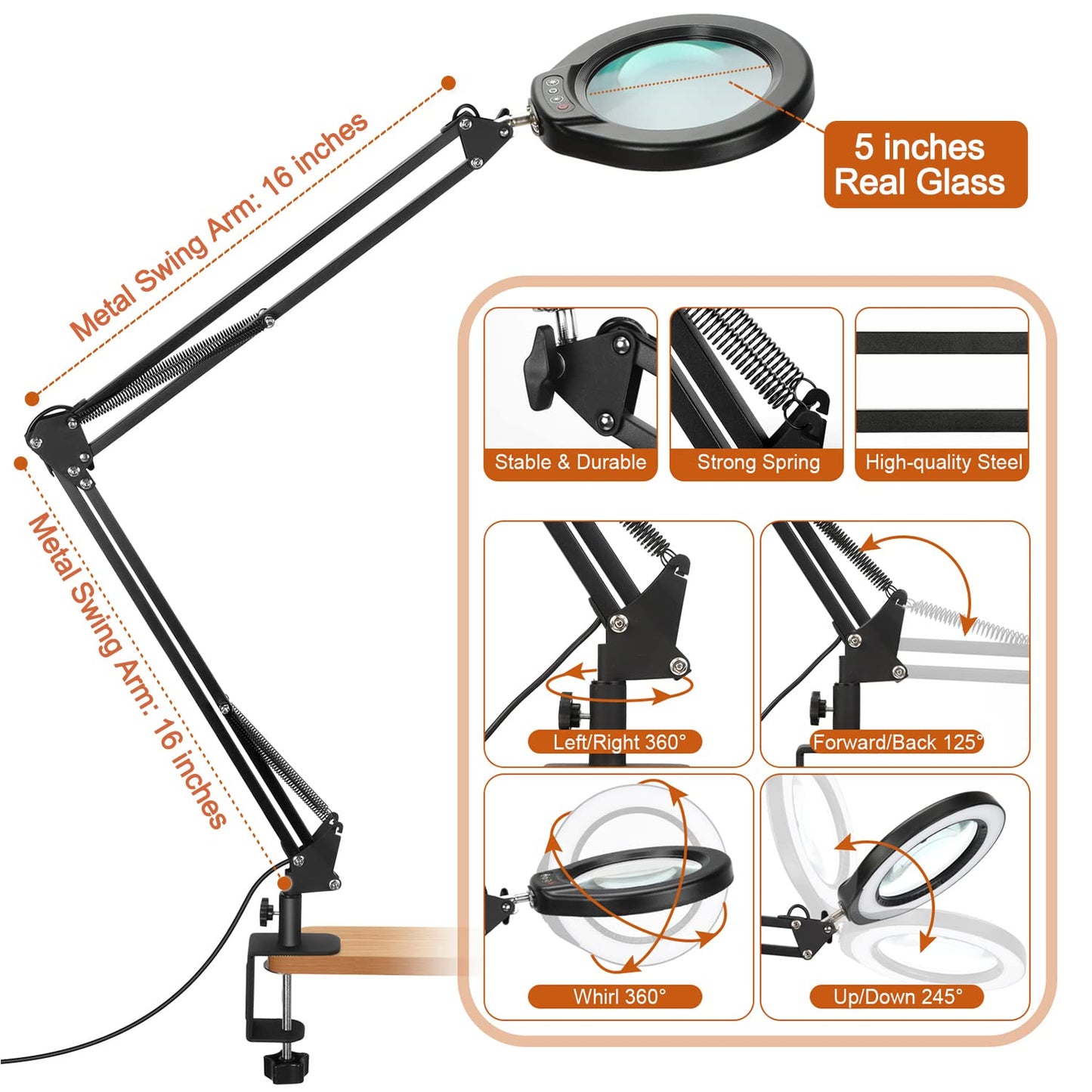 VEEMAGNI 5 Inch Large Real Glass Magnifying Glass with Light and Stand, 5 Color Modes Stepless Dimmable, 2*16 Inch Swivel Arm LED Clamp Desk Lamp, Hands Free 10X Lighted Magnifier for Close Work Craft