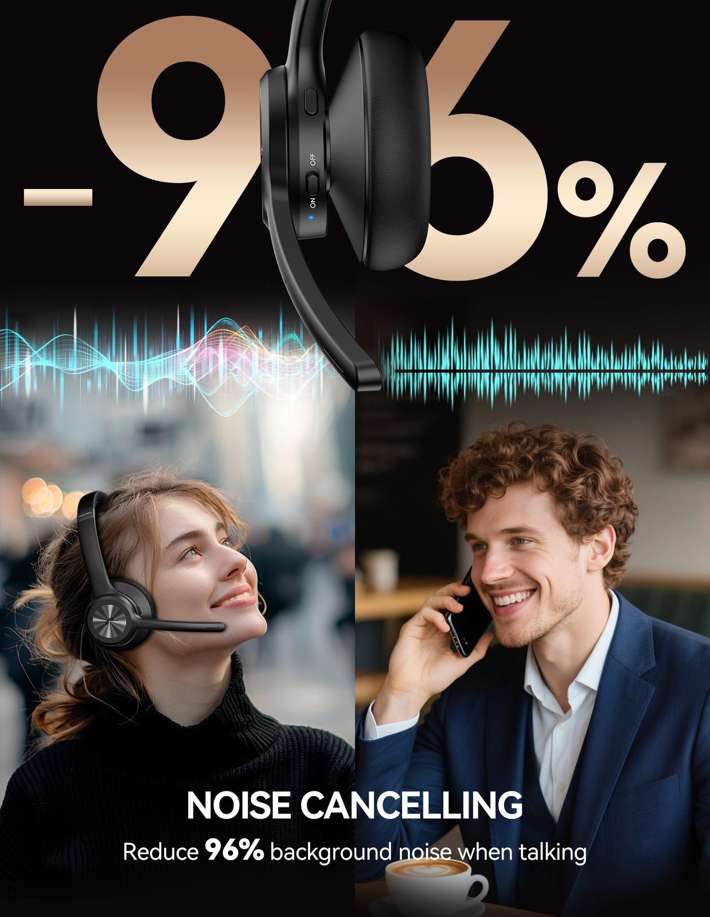TECKNET Wireless Headset with Microphone - V6.0 Bluetooth Trucker Headset with Noise Cancelling Microphone and Mute Button, 60H Working Time, On-Ear Bluetooth Headphones for Call Center/Office/Drivers