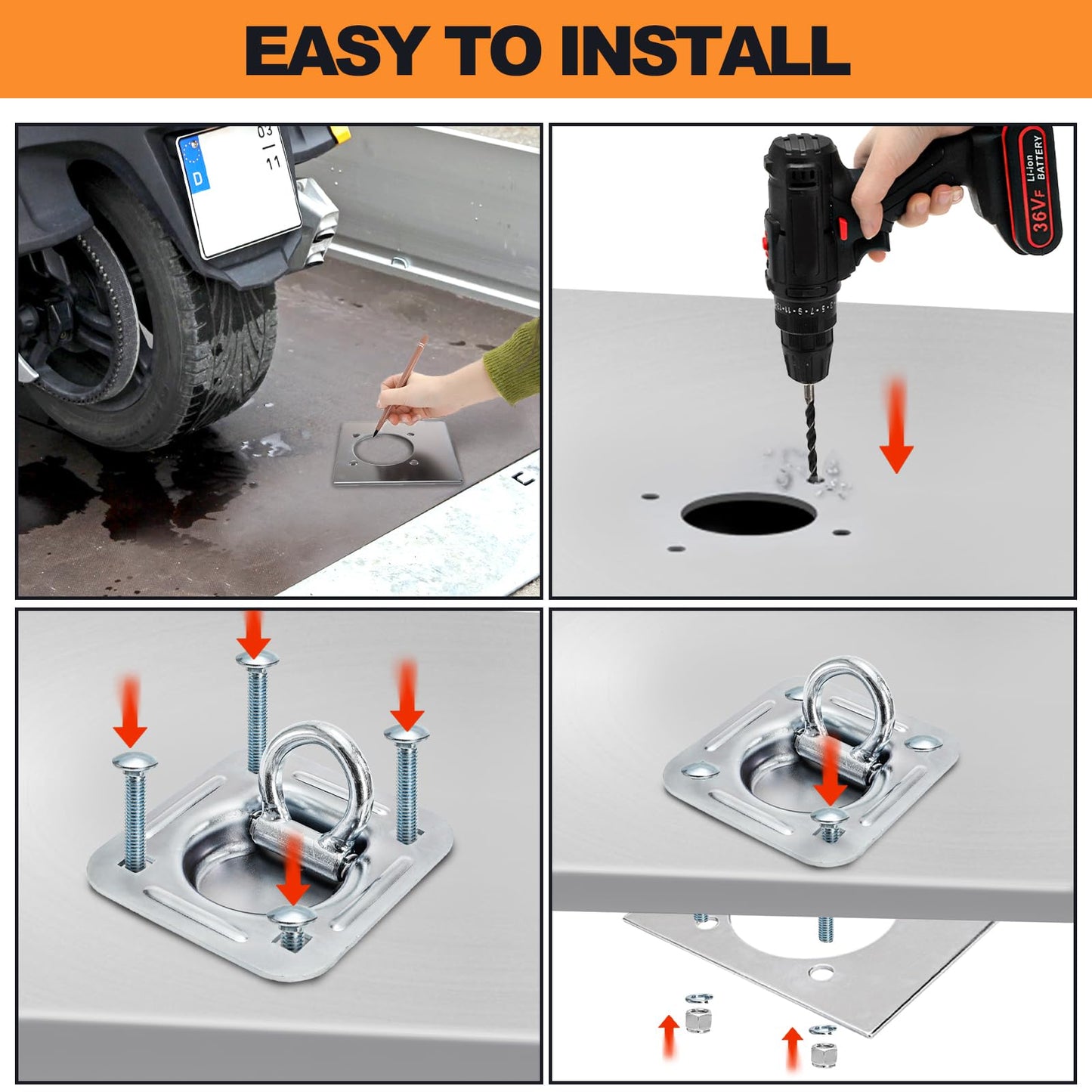 Covzoe 4 Pack Recessed D-Ring Tie Down Anchor Kit, 6000 Lbs Capacity Heavy Duty Trailer Floor Tie Downs, High Strength Surface Mount Hooks for Deliveries Cargo Truck Flatbed Pickup