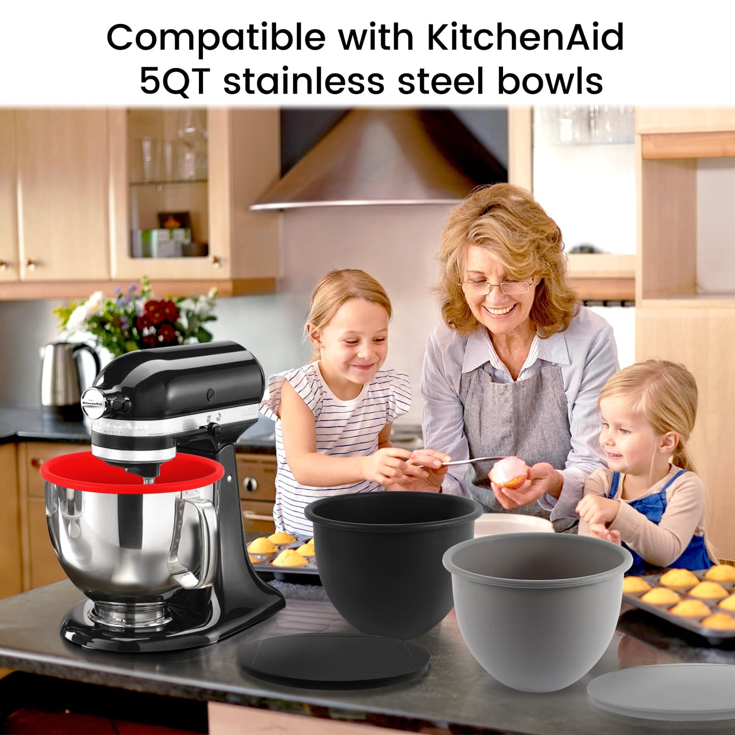 Silicone Mixing Bowl Liners Attachments Compatible with 5 Quart KitchenAid Mixers, Includes 3 Liners and Lids,Dishwasher Safe