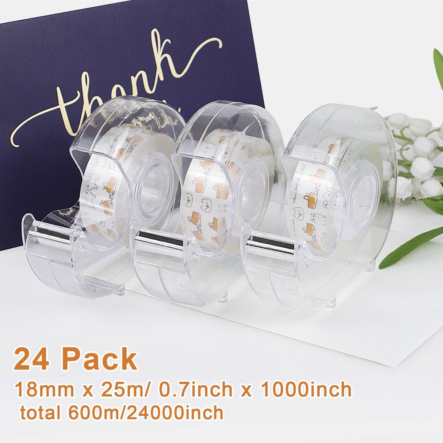 BOMEI PACK 24PACK Transparent Tape with Dispenser, Office Clear Tape Refill Rolls with Dispenser Bulk for DIY, Gift Wrapping, Repairing, Home and School, 3/4in x 1000in