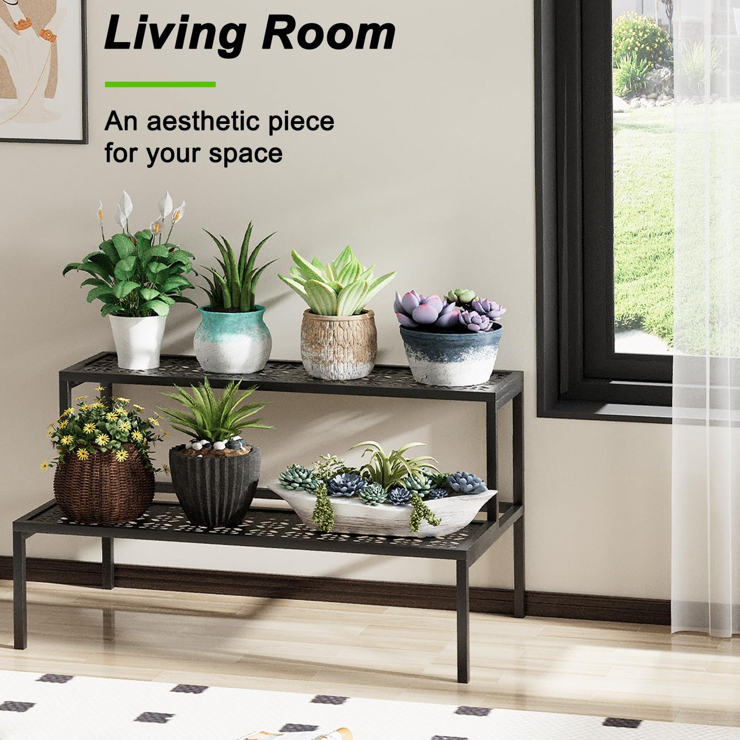 aboxoo Metal Plant Stand 2 Tier Potted Multiple Flower Pot Holder Plant Shelf Indoor Plants Multiple,Outdoor Heavy Duty Planter Display Shelving Unit for Patio Garden Corner Balcony(Black)