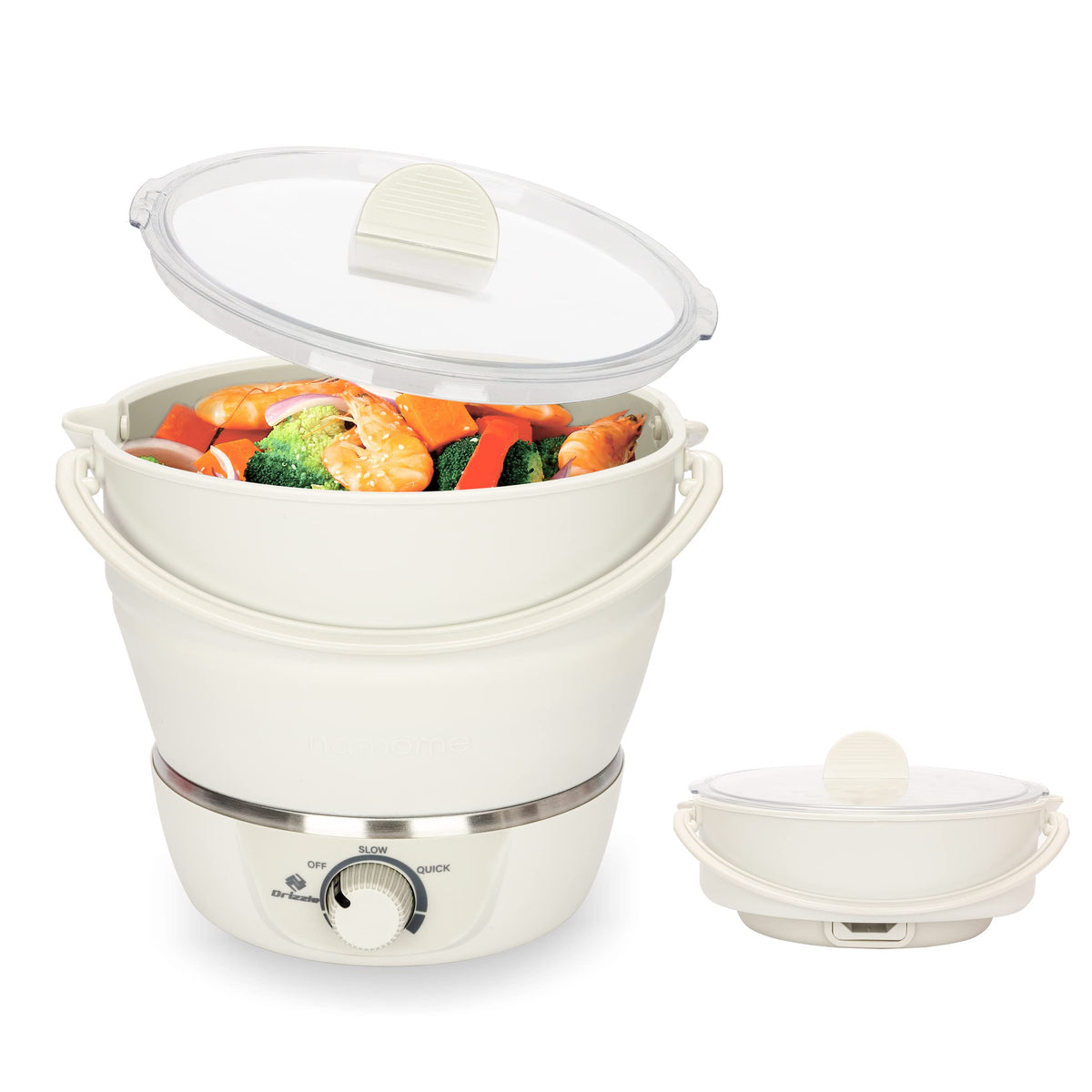 Drizzle Foldable Electric Hot Pot Cooker Dual Voltage100V-240V Mini Kettle Food Grade Silicone Cookerware Boiling Water Steamer Portable Travel (White)