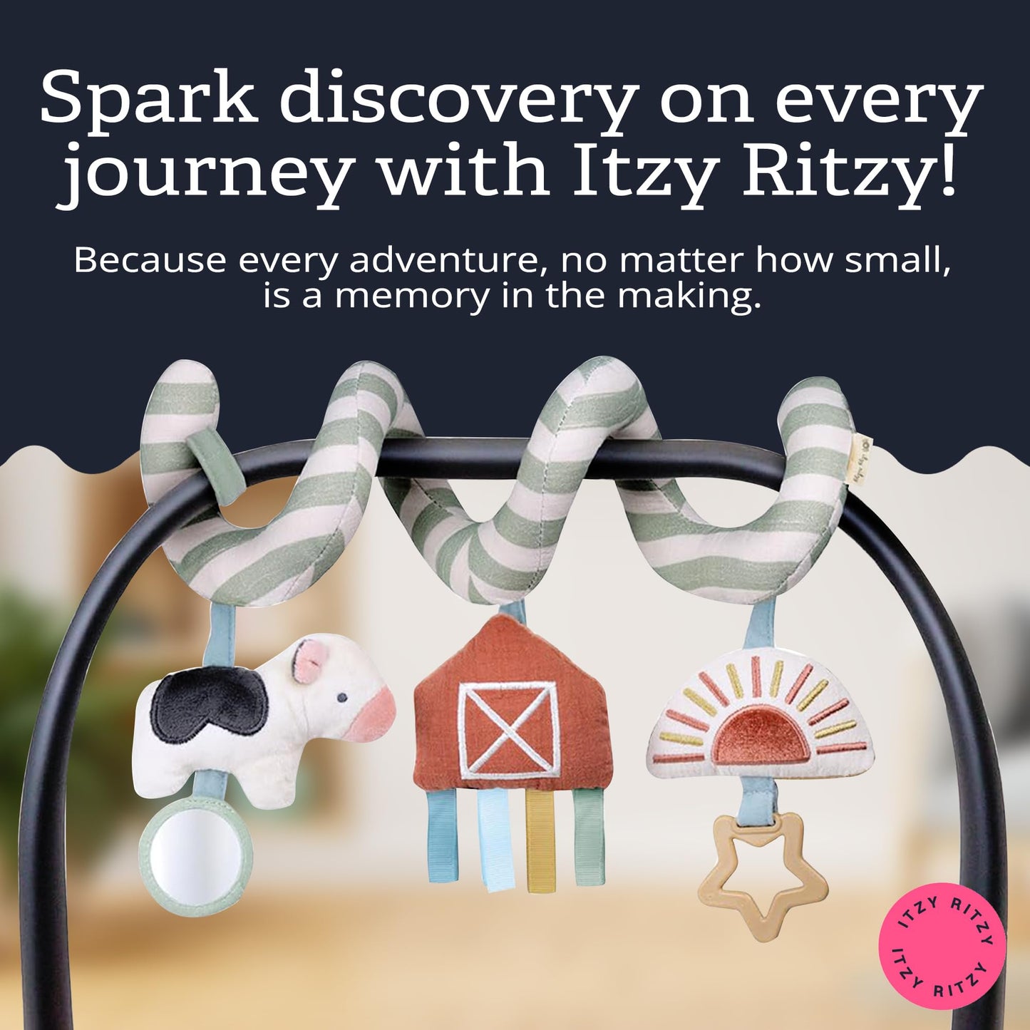 Itzy Ritzy Spiral Car Seat & Stroller Activity Toy; Includes Dangling Ring, Mirror and Textured Ribbons; Farm