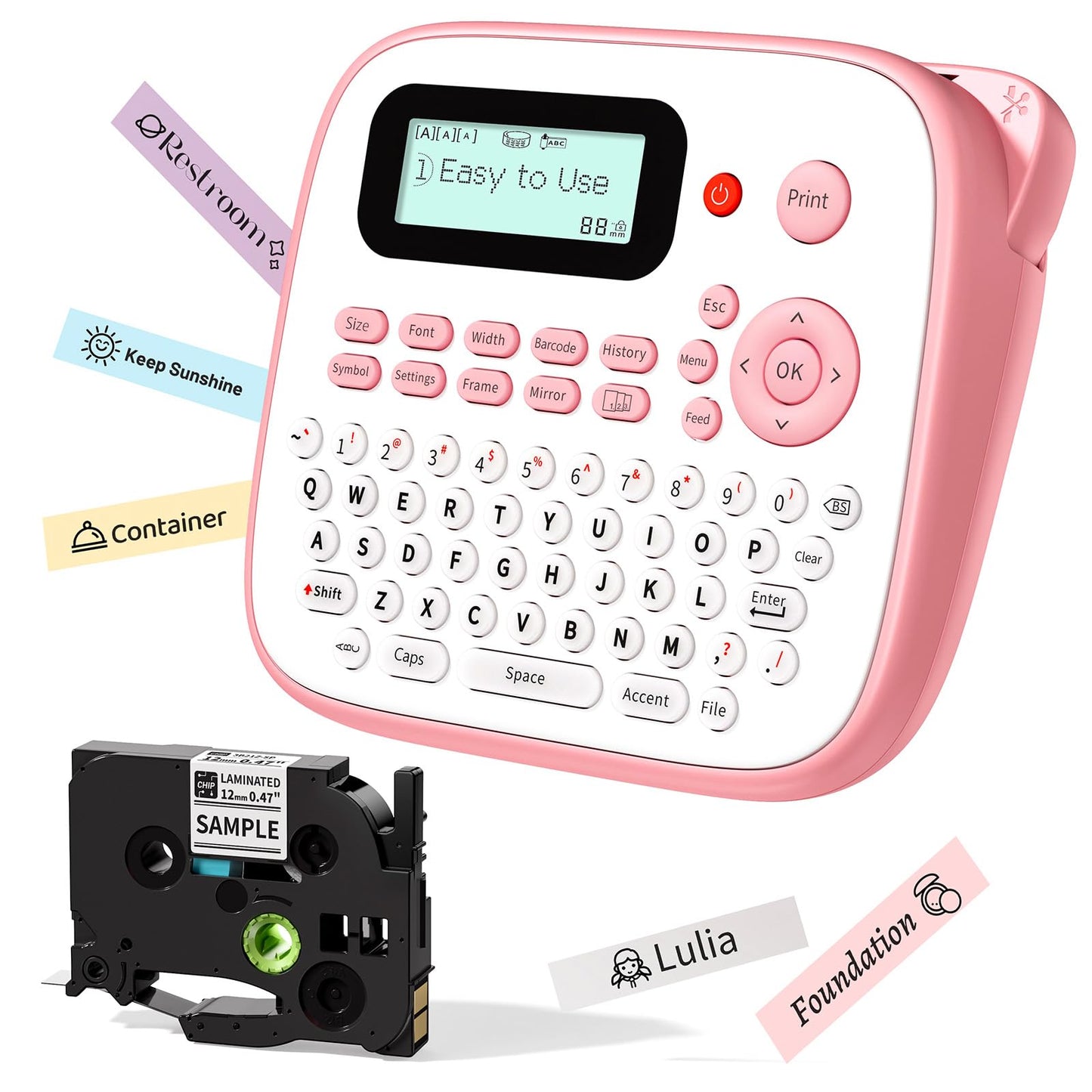 Label Maker Machine with Tape, Portable Pink Label Maker for Kids, EazeID D210S Easy Cute Label Makers Printer, QWERTY Keyboard Labeler with Multiple Fonts Frame for Home Office School Supplies