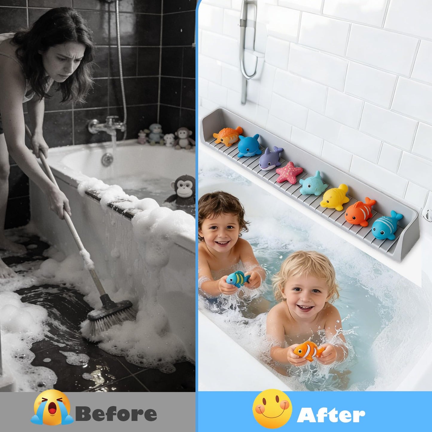 Silicone Bath Tub Splash Guard with 11 Suction Cups, Longer Bathtub Edge Extender Shelf, Bath Tray Holder (1, Gray-80cm)