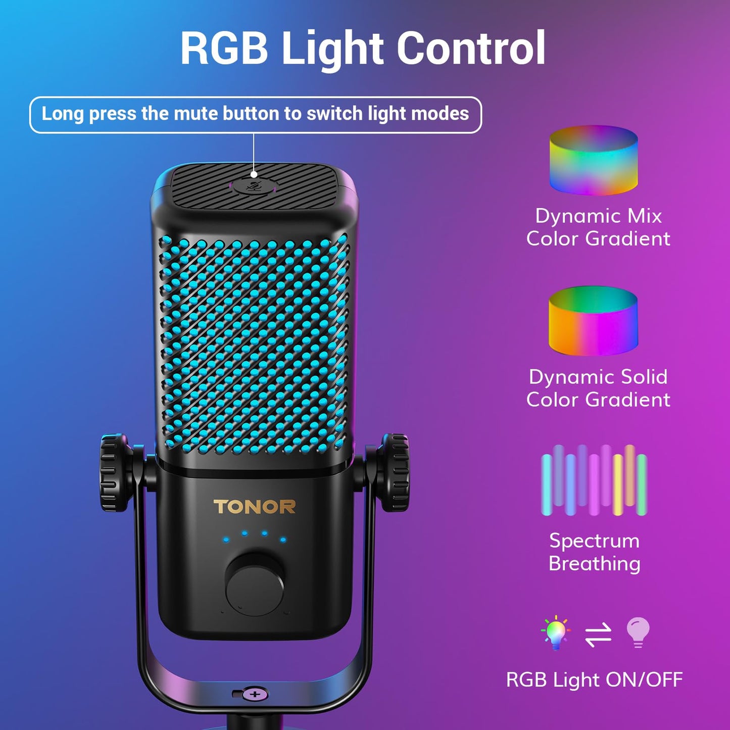 TONOR Gaming Microphone Compatible with Xbox, RGB Condenser Streaming Mic with 30H Battery Life, Low Noise, Monitoring, Gain Control, One Tap Mute, Fast Charging, Compatible with Capture Card TCX3