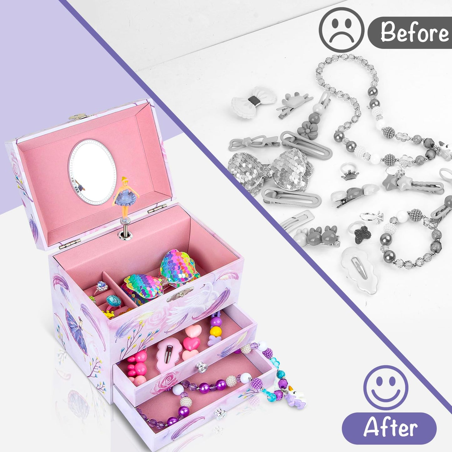 Homtibrm Musical Jewellery Box For Girls - Large Kids Jewellery Music Box with 2 Pullout Drawers & Unicorn Jewellery Set, Great Birthday Gifts for Girls Christmas Gifts (Pink Ballerina)