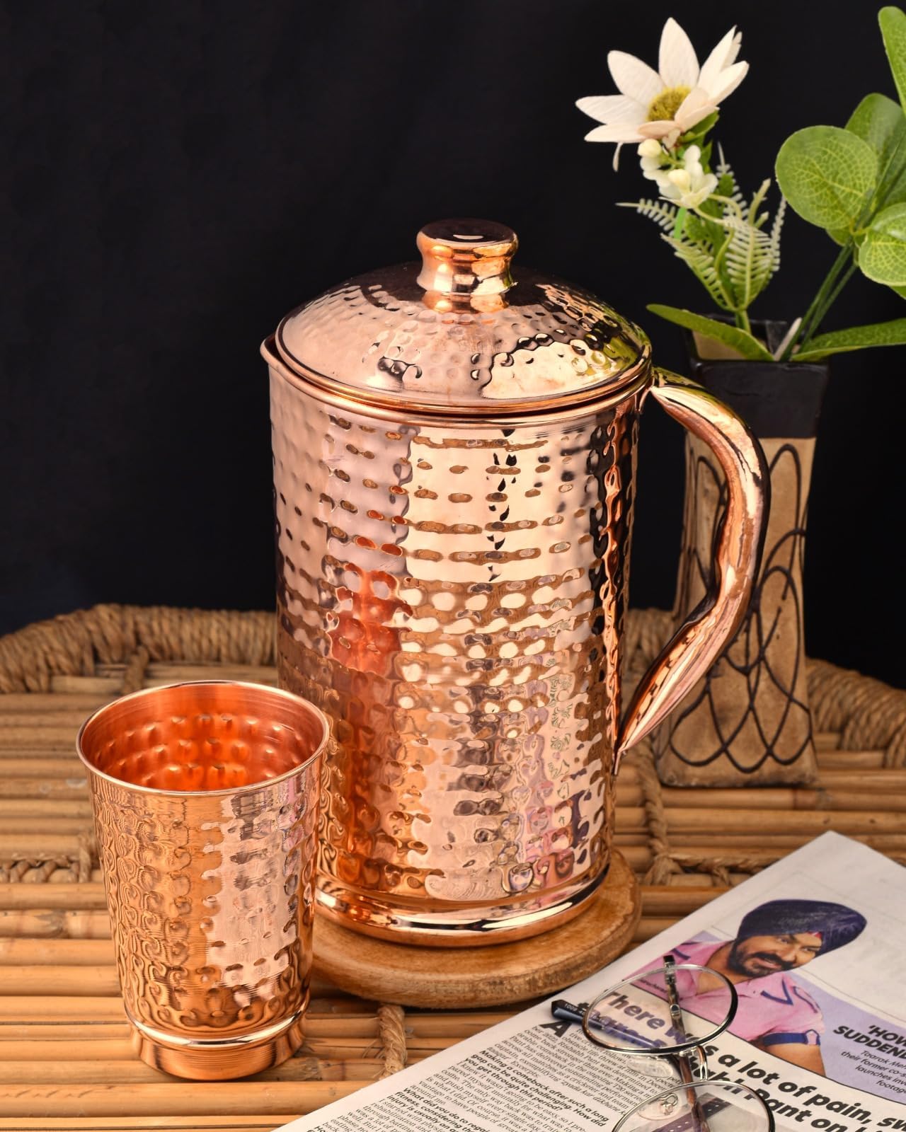 2activelife 100% Pure Copper Pitcher 50.72 Oz / 1500 ml | Drinking Water Traditional Hammered Pitcher with Lid | Copper Jug Handle Water Bottle | Ayurveda Health Benefits | Serving Water in Daily Use