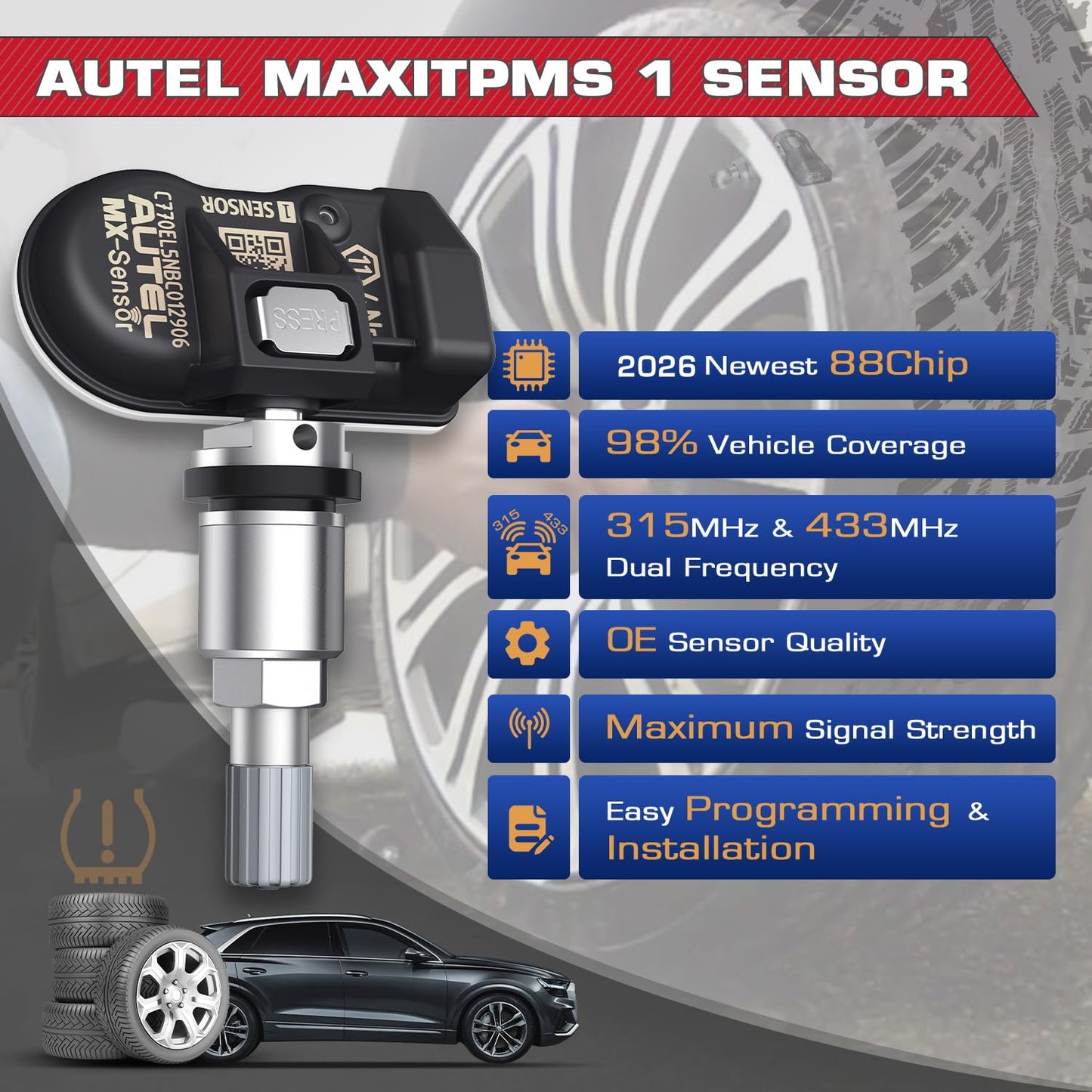 Autel TPMS MX Sensor 315Mhz/ 433Mhz 2in1 Tire Sensor, OE Level Press-Release Universal TPMS Sensors 100% Cloneable by TPMS Tool TS408 TS501 PRO TS508 TS508WF MS906TS MS906 PRO-TS (1PCS Metal Stem)