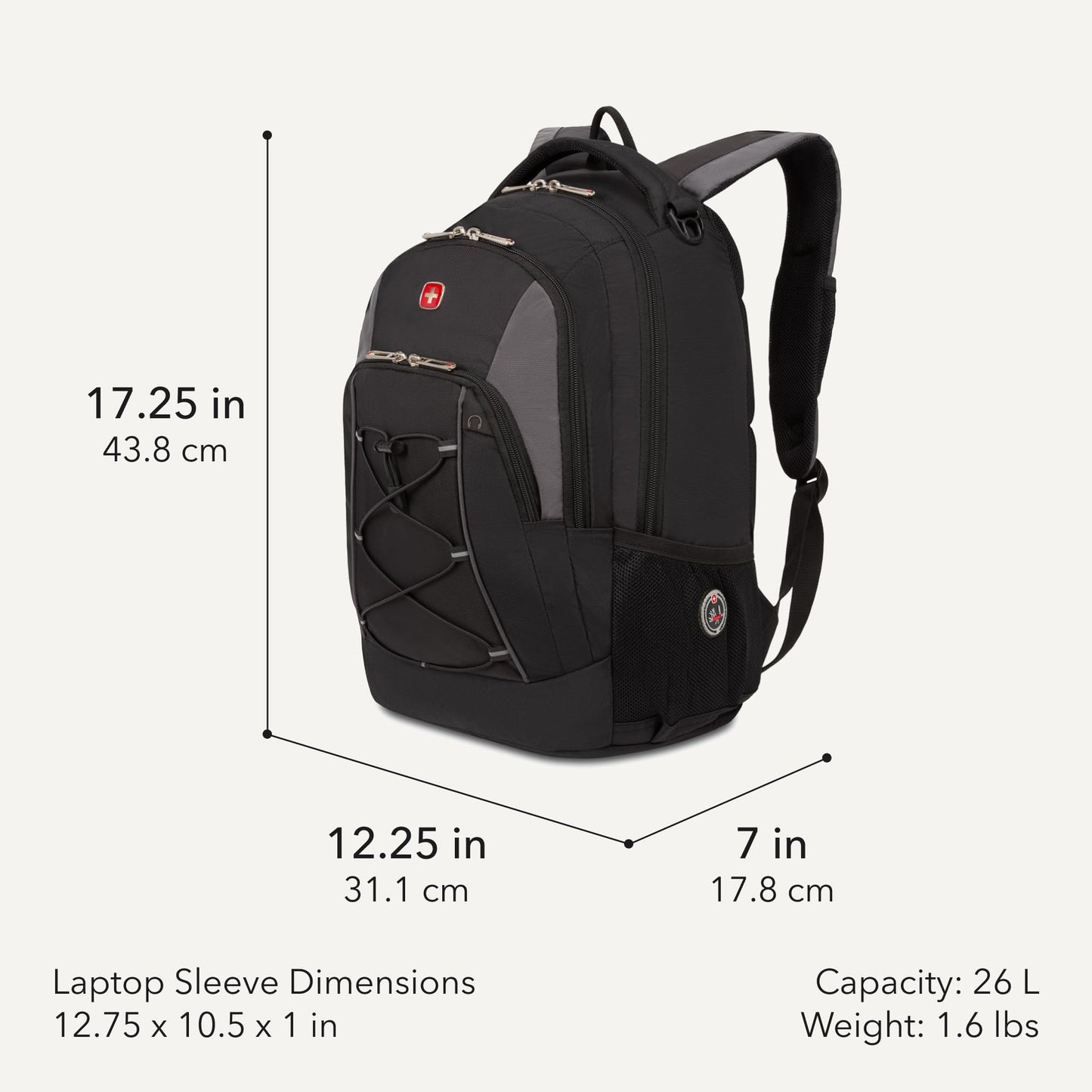 SwissGear Travel Gear Bungee Backpack (Black/Grey) - Dimensions 17.5 x 11.5 x 7.5 inches