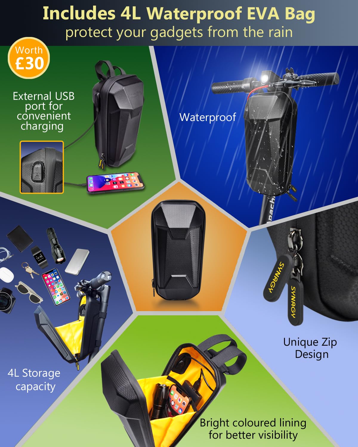 Scooter Storage Bag with USB Charging Port, Adults Electric Scooter Handlebar Bag, Waterproof Front Hanging Bag for GYROCOPTERS/ECOROAD/EVERCROSS/Gotrax/Hiboy Scooter Accessories, 4L EVA Hard Shell