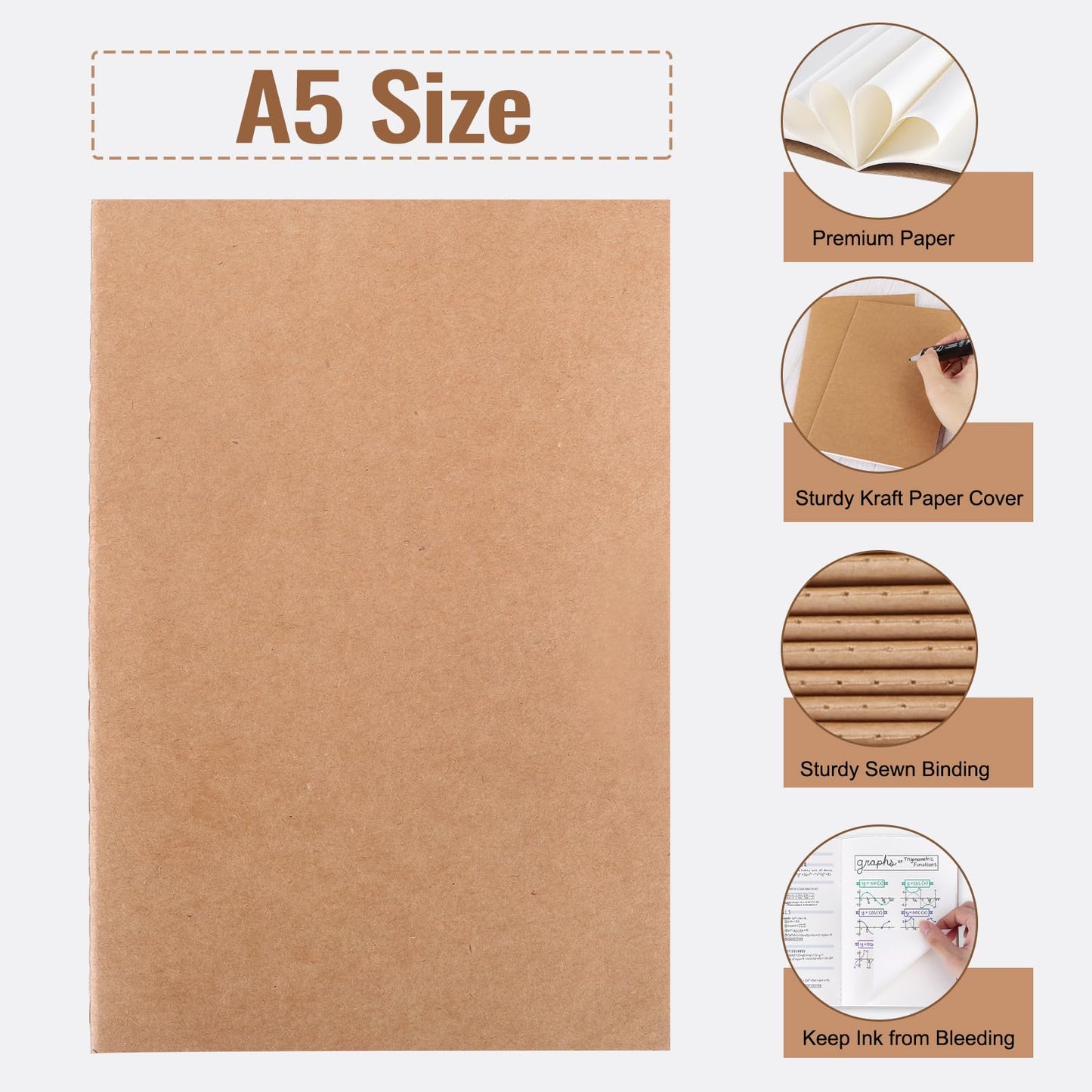 EOOUT 100pcs A5 Blank Kraft Notebooks, Journals in Bulk, Sketchbooks Bulk for Kids, 60 Pages, 80GSM, 8.3 X 5.5 Inch, Travel Journal Set, Travelers, Students and Office