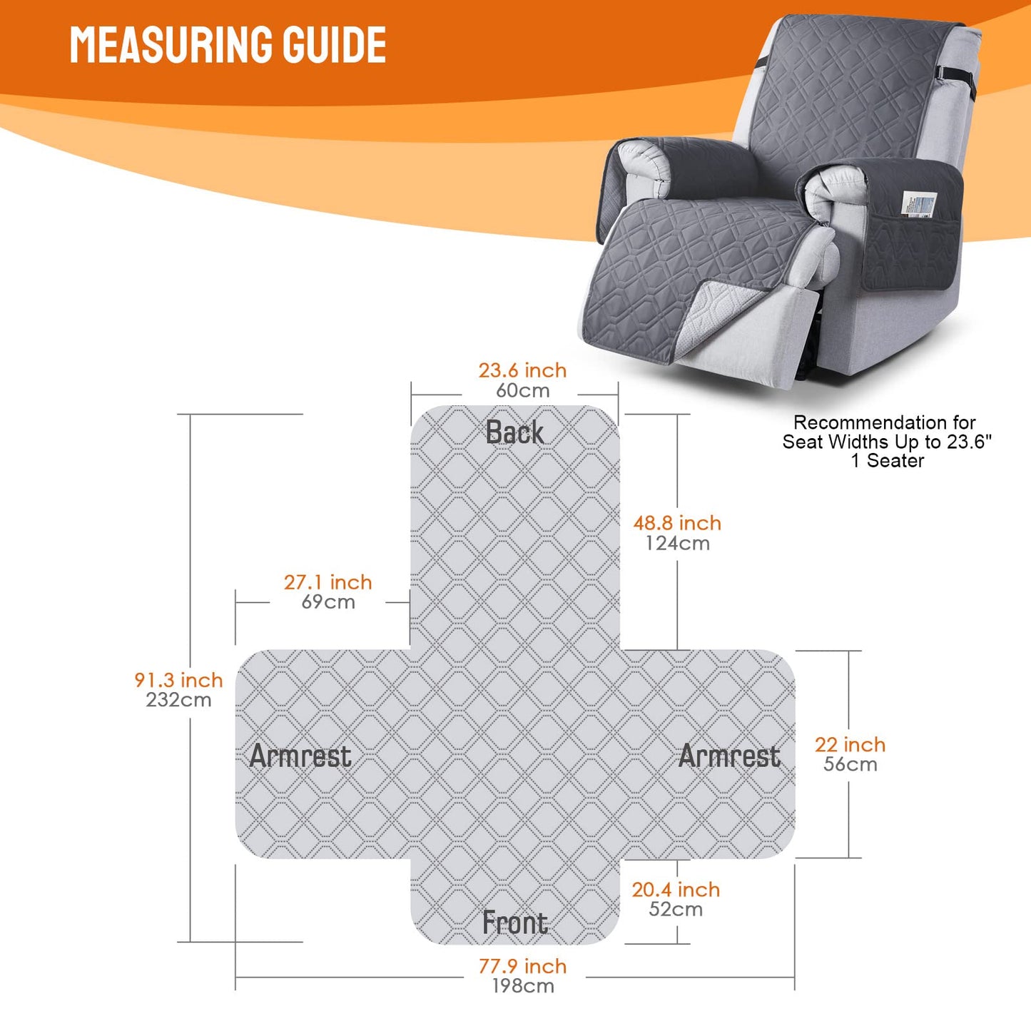 VANSOFY Waterproof Recliner Chair Covers, Recliner Cover Non-Slip Dog Chair Cover Furniture Protector Washable Slipcover with Pocket, Elastic Straps for Pets, Dogs(Dark Gray, 23.6")