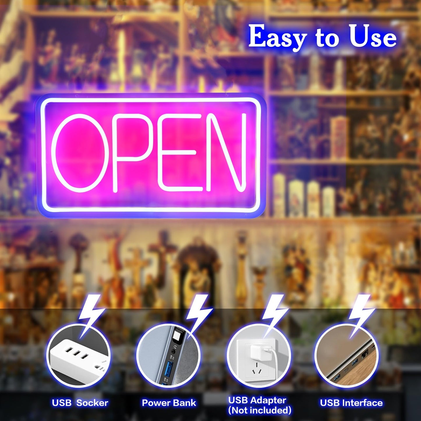 Rdutuok Led Neon Open Signs for Business,42x22cm Light Up Open Signs Advertisement Board Electric Display Sign Powered by USB with ON/OFF Switch for Stores Window Bars Cafes Hotels (Horizontal)