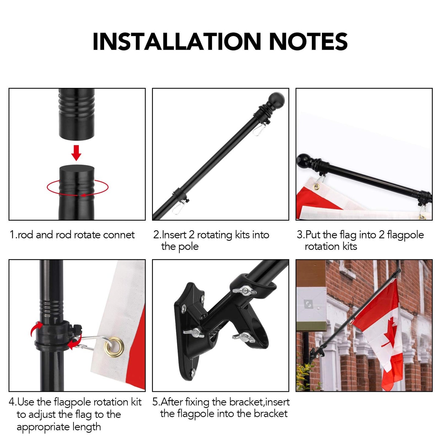 Yeesun Flag Pole,6FT Canada Flagpole with Mounting Bracket and 3’ x 5’ Canada Flag for House Porch & Outdoor Use,360° Tangle Resistant Technology and Wall Mount Flag Pole Kit (Black)