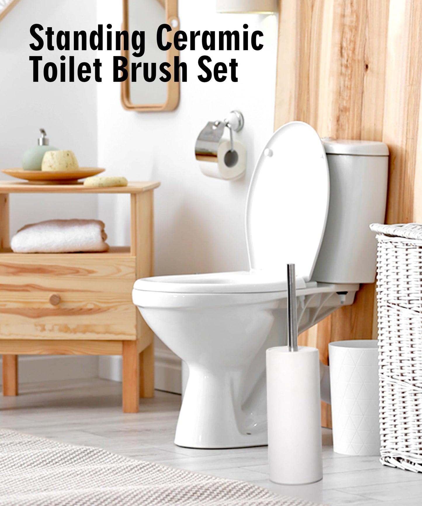 Viosuniu Matt White Ceramic Toilet Brush and Holder Set, Freestanding Toilet Bowl Cleaners Brush, Scrubber Brush for Toilet, Bathroom Accessories with Stainless Handle, Deep Cleaning