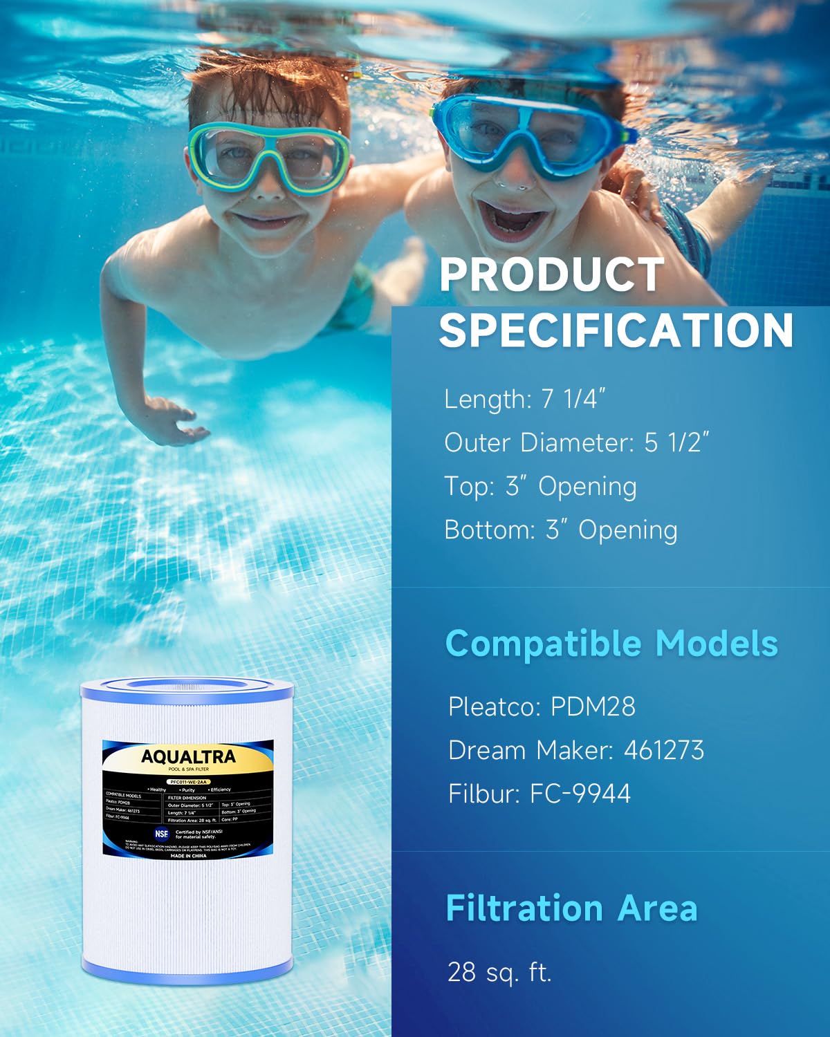 AQUALTRA Spa Filter Replacement Compatible with PDM28, Dream Maker 461273, FC9944, FC-9944 Cartridges, SD-01392, 28 sq.ft. 5 1/2" x 7 1/4" Drop in Hot Tub Filter 2 Pack